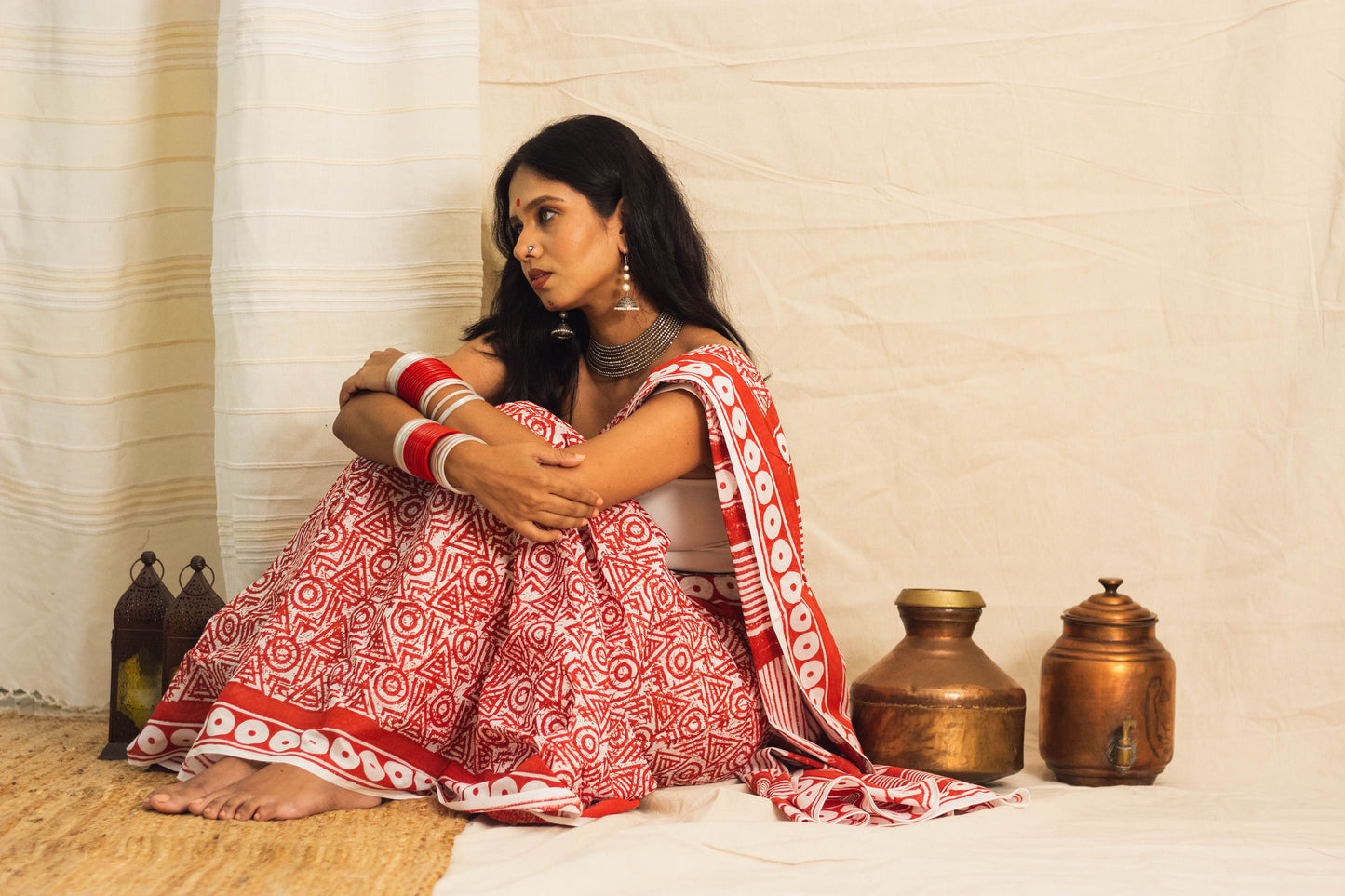 Mul Cotton Block Printed Saree • Geometry Box Red