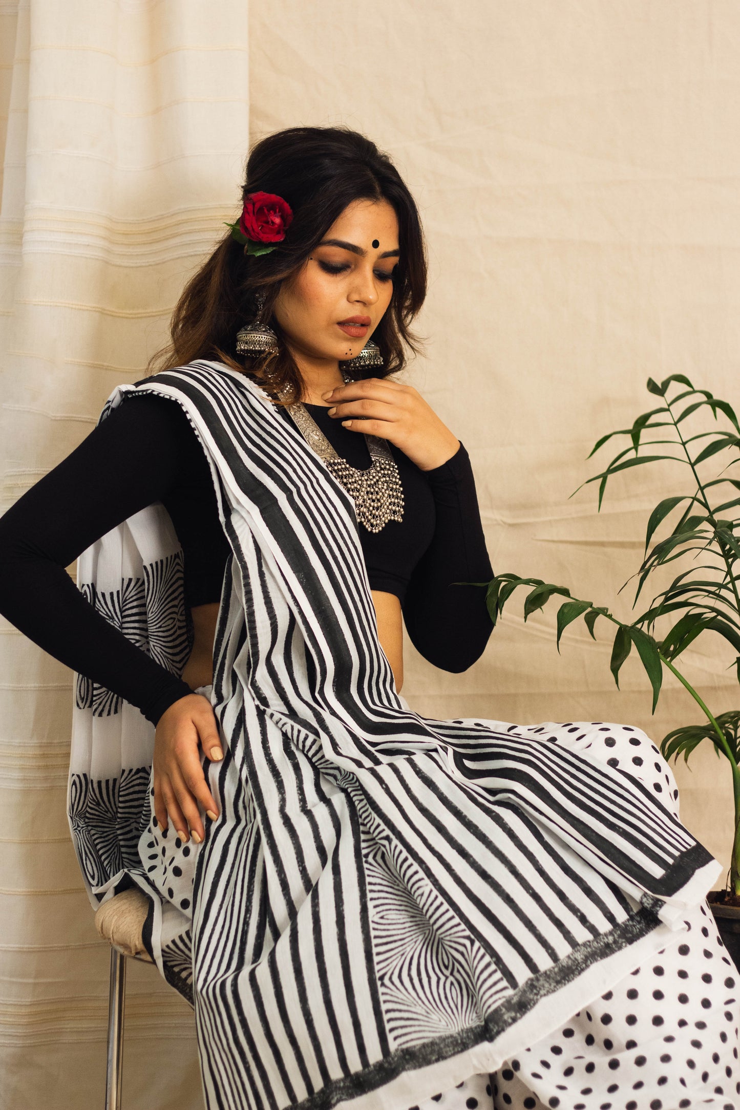 Mul Cotton Block Printed Saree • Magnetic Black