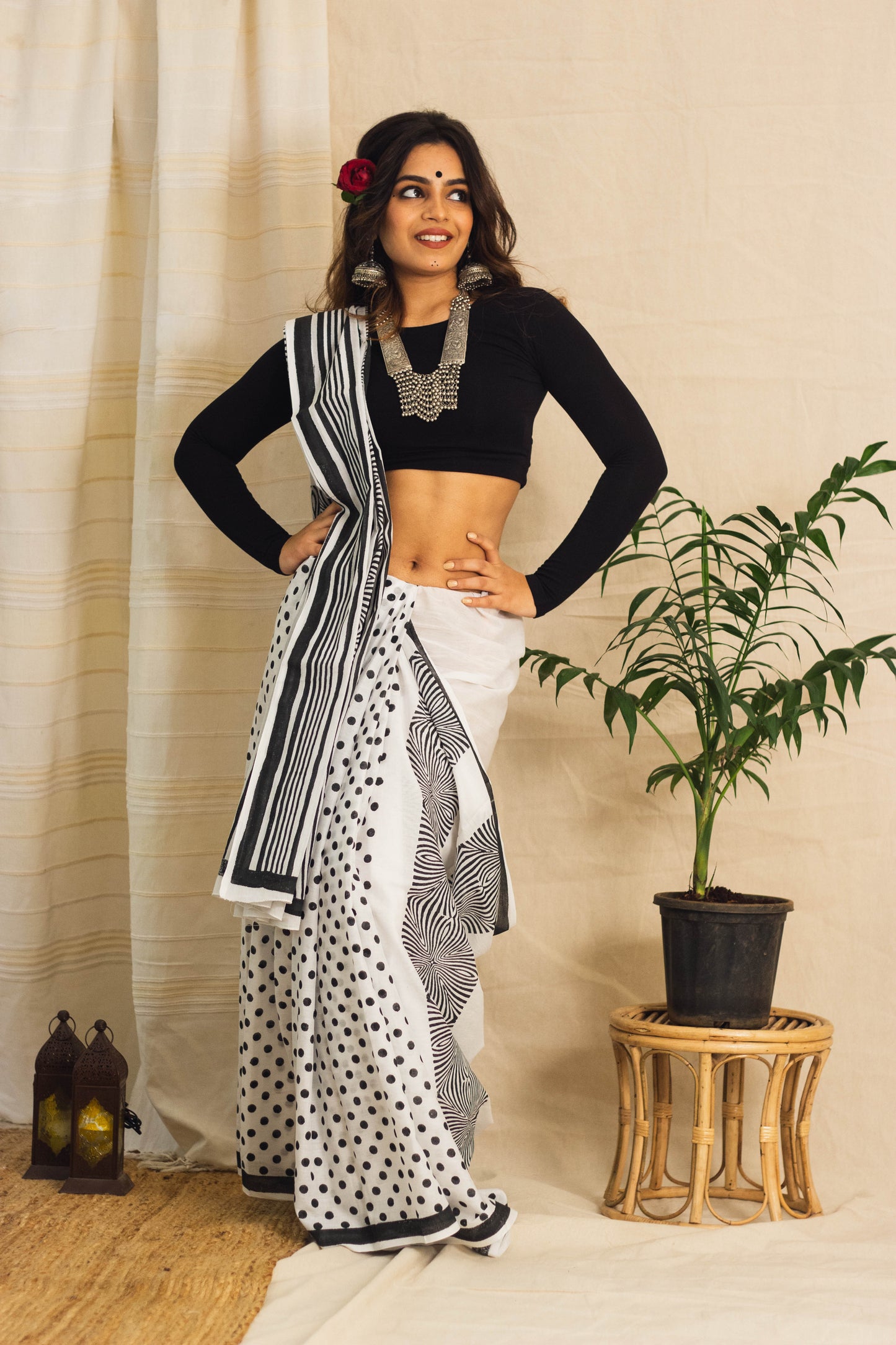 Mul Cotton Block Printed Saree • Magnetic Black