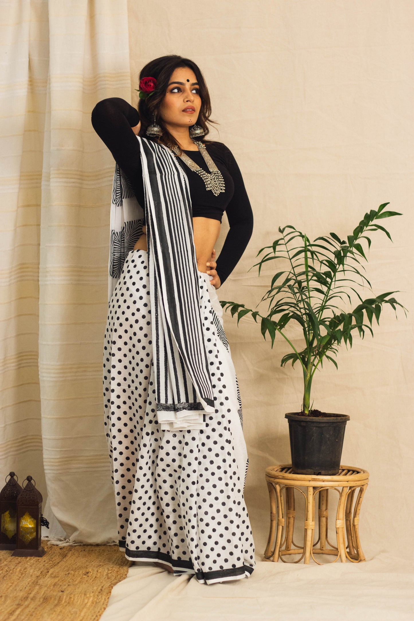 Mul Cotton Block Printed Saree • Magnetic Black