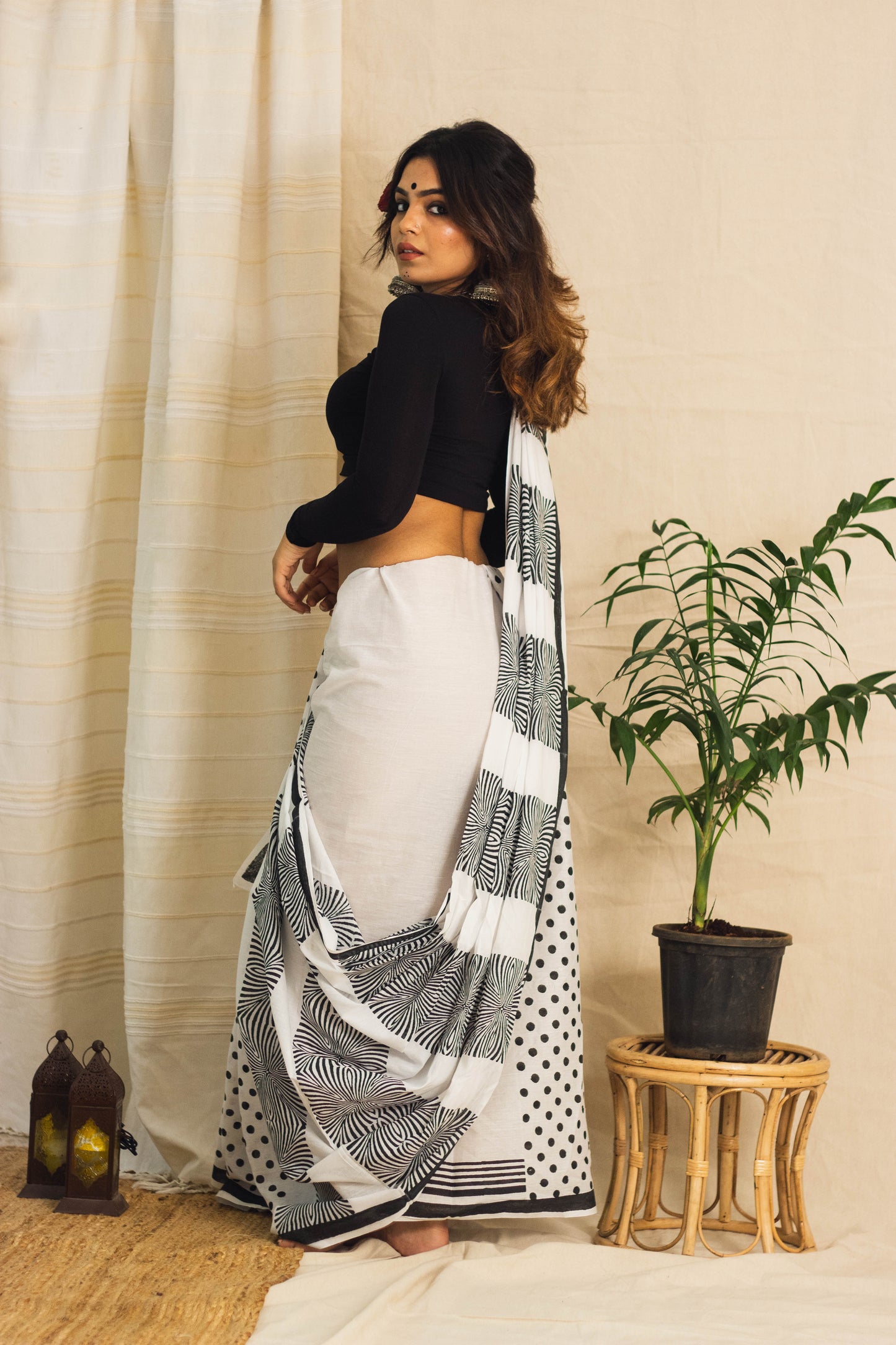 Mul Cotton Block Printed Saree • Magnetic Black