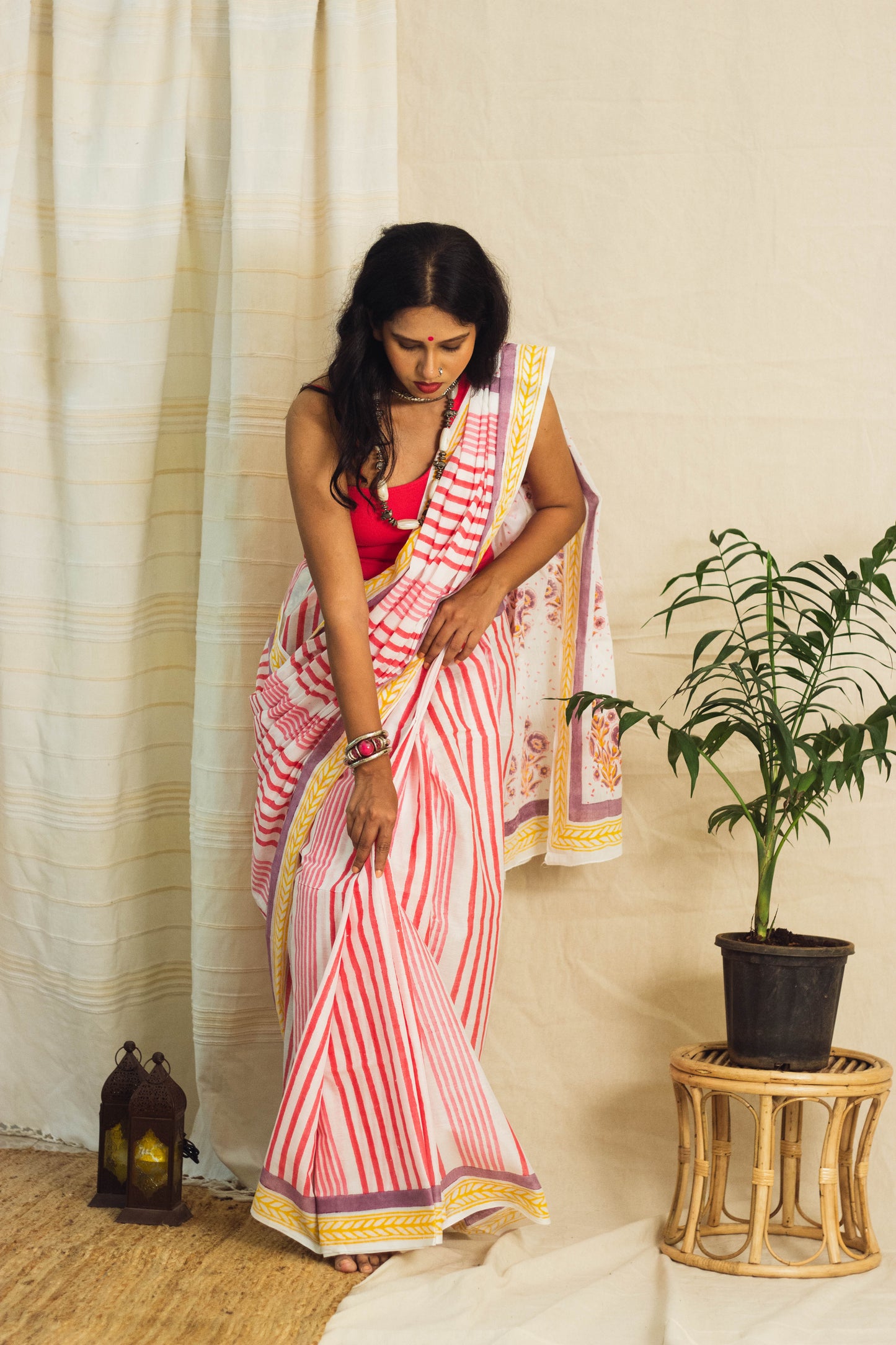 Mul Cotton Block Printed Saree • Indian Barbie Stripes