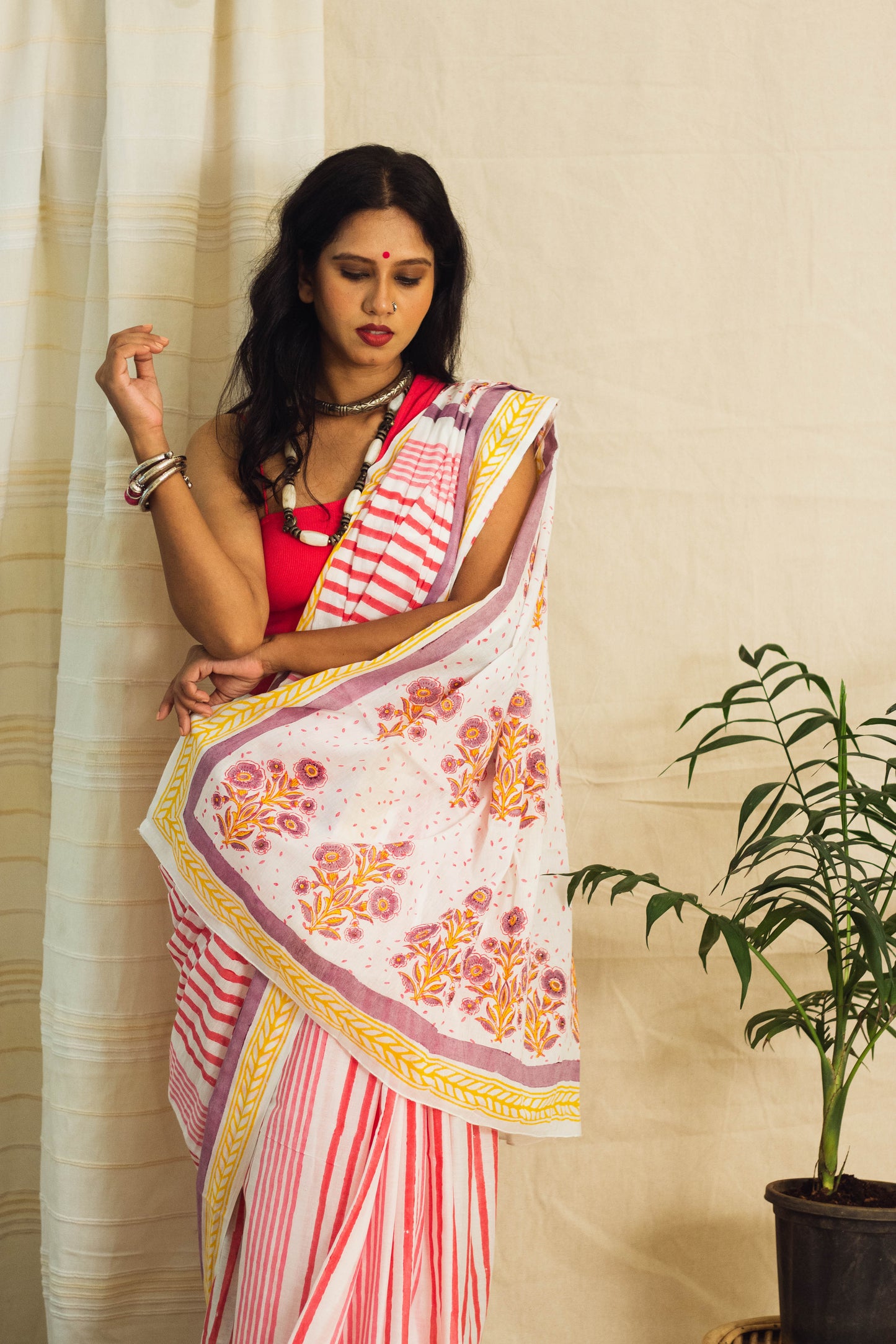 Mul Cotton Block Printed Saree • Indian Barbie Stripes