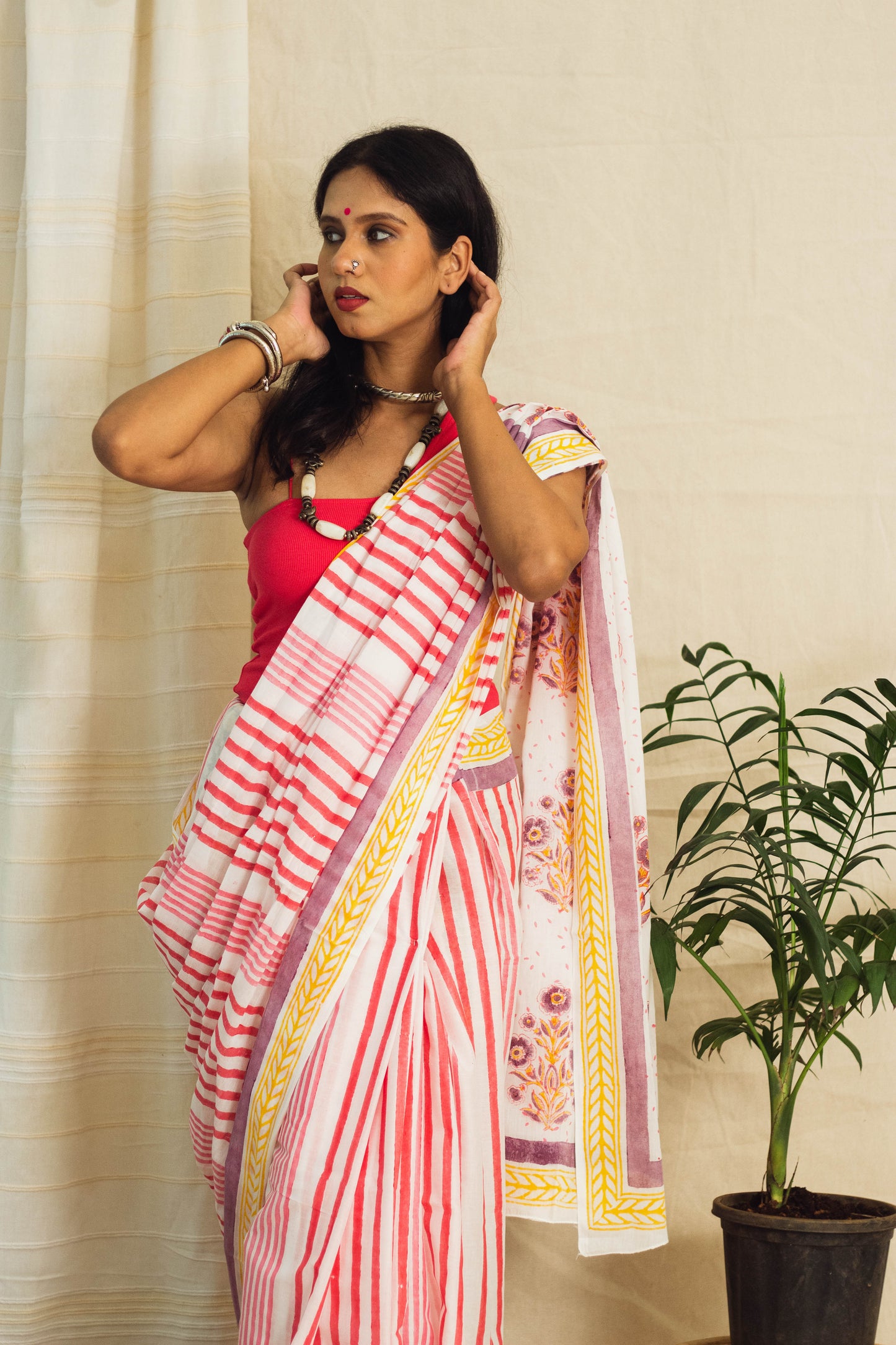 Mul Cotton Block Printed Saree • Indian Barbie Stripes