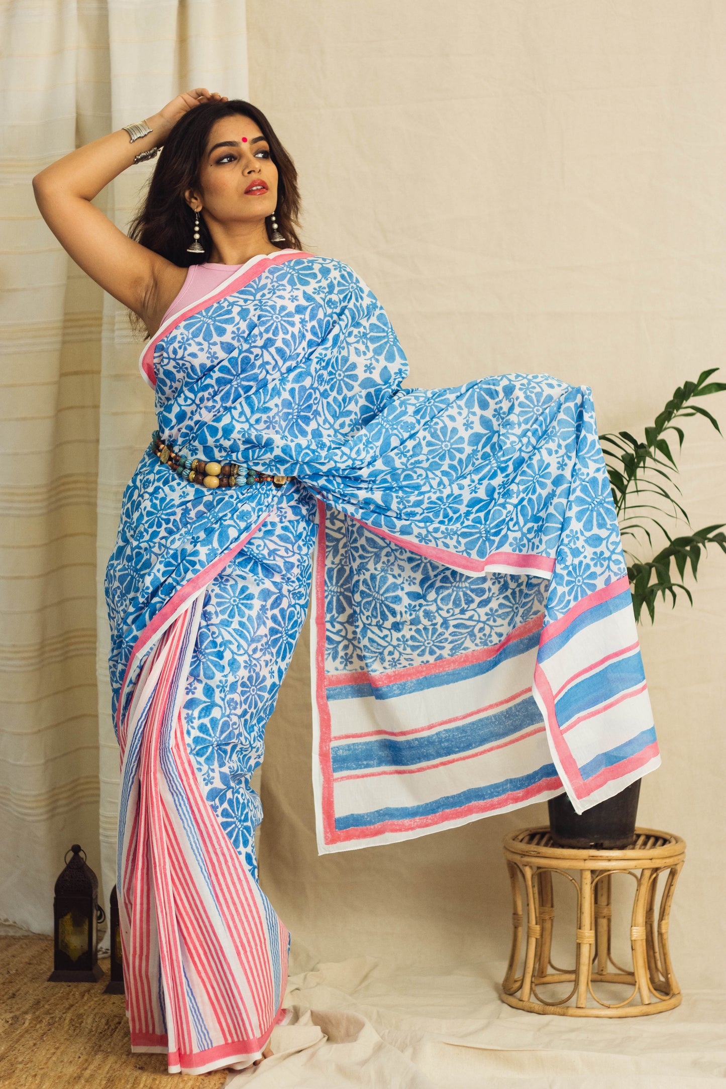 Mul Cotton Block Printed Saree • Cool Floral Stripes