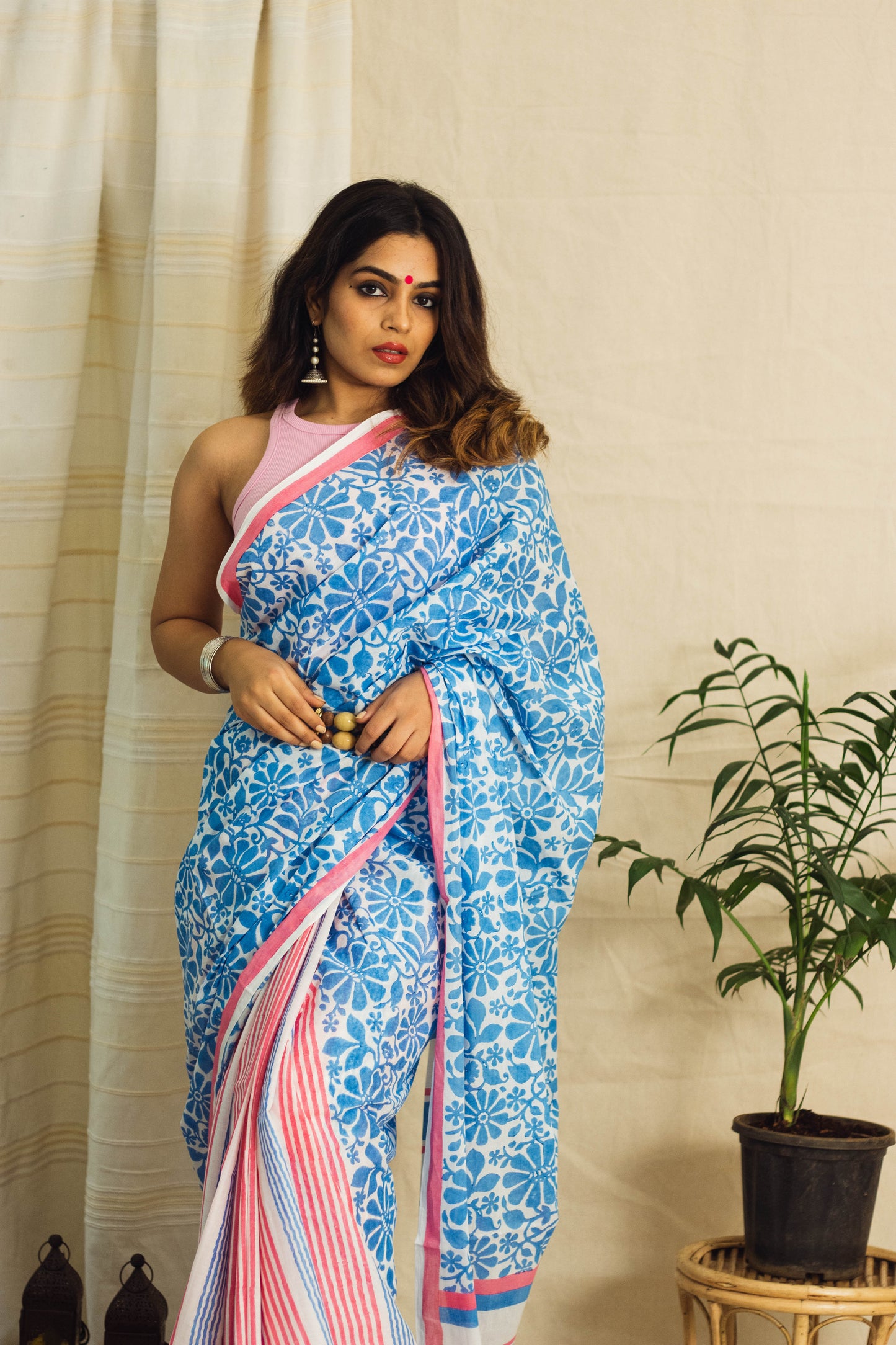 Mul Cotton Block Printed Saree • Cool Floral Stripes