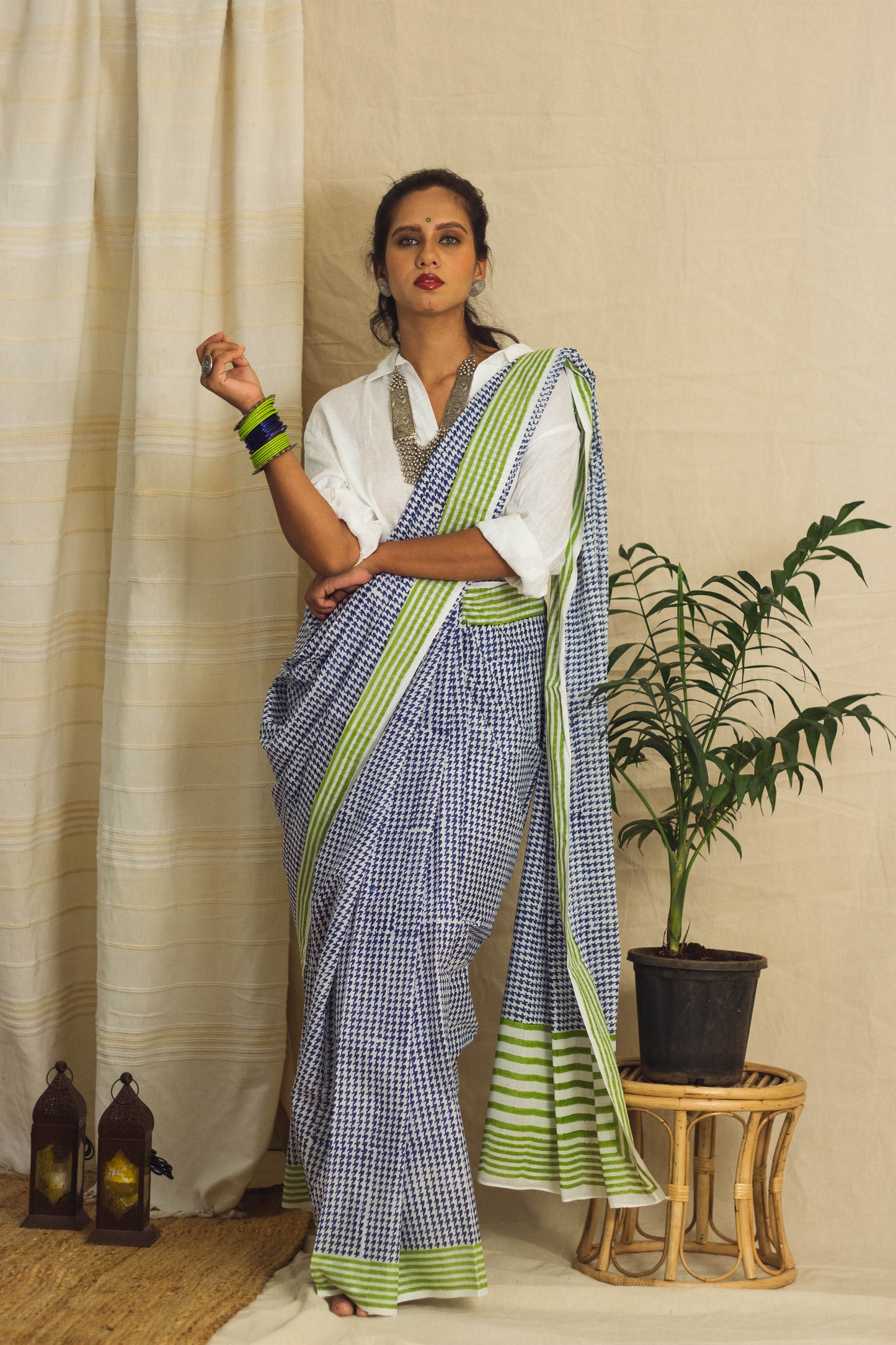 Mul Cotton Block Printed Saree • Houndstooth Royal