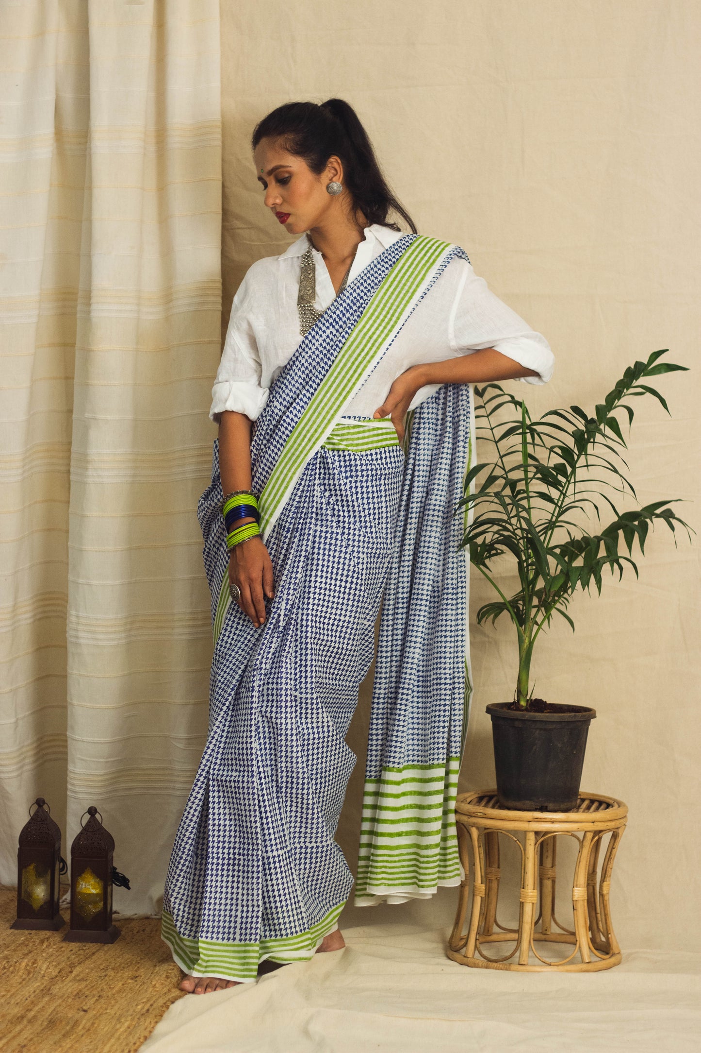 Mul Cotton Block Printed Saree • Houndstooth Royal