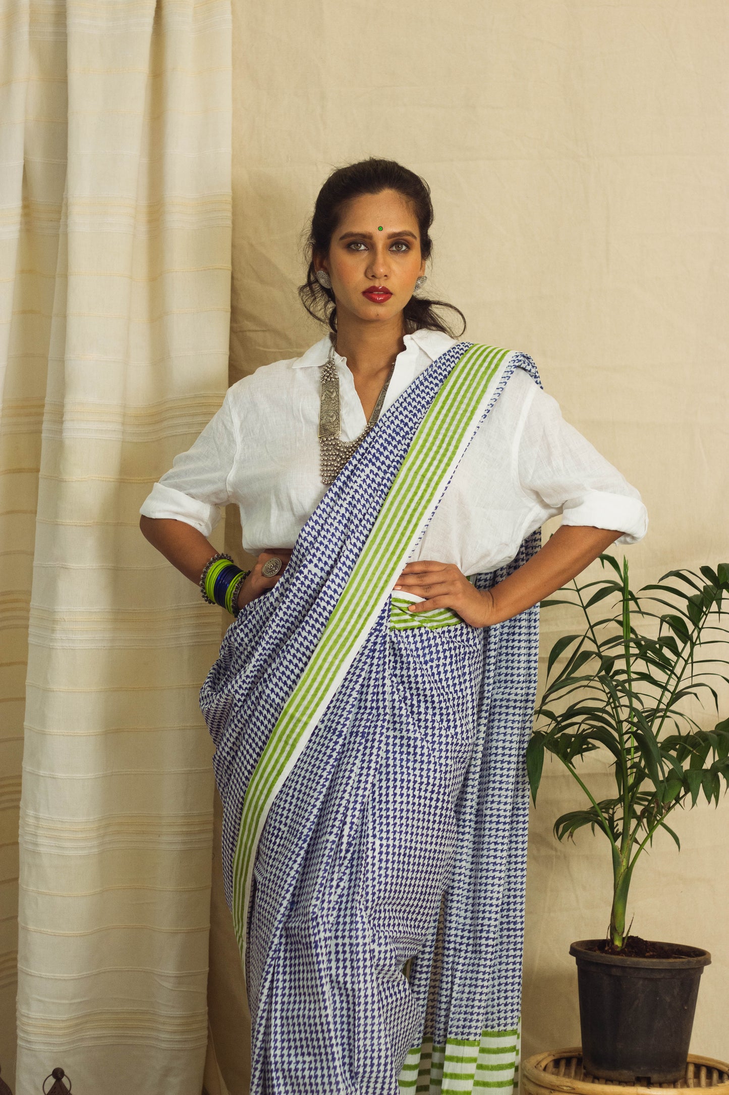 Mul Cotton Block Printed Saree • Houndstooth Royal