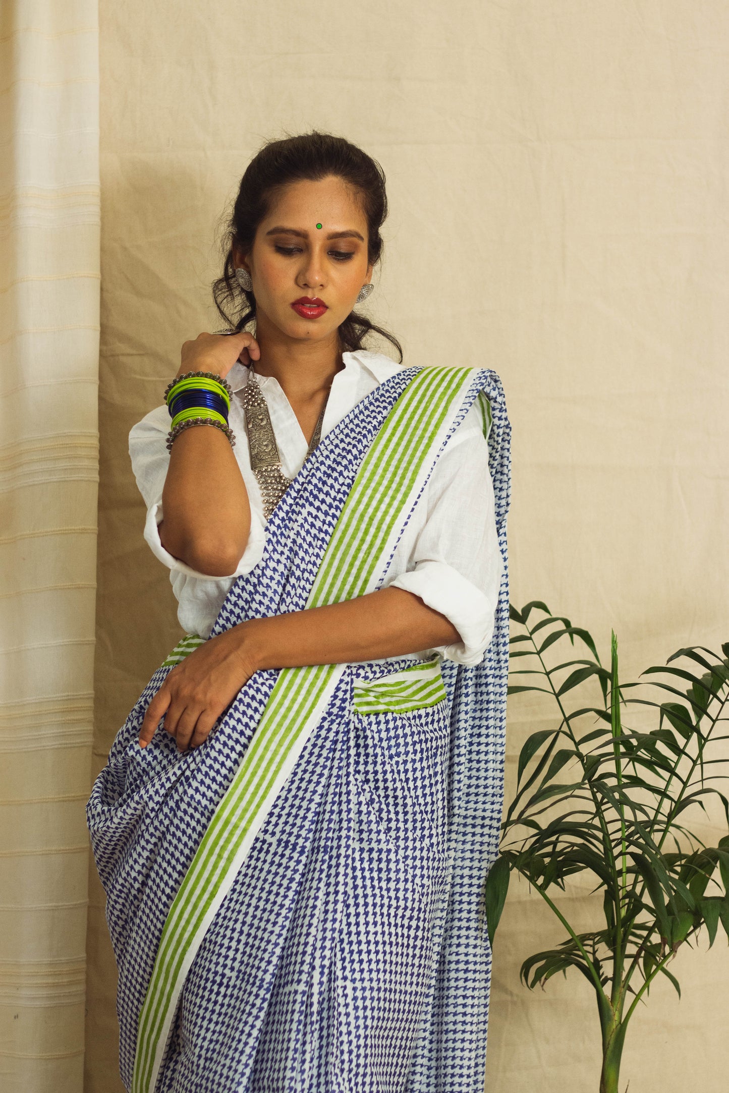 Mul Cotton Block Printed Saree • Houndstooth Royal