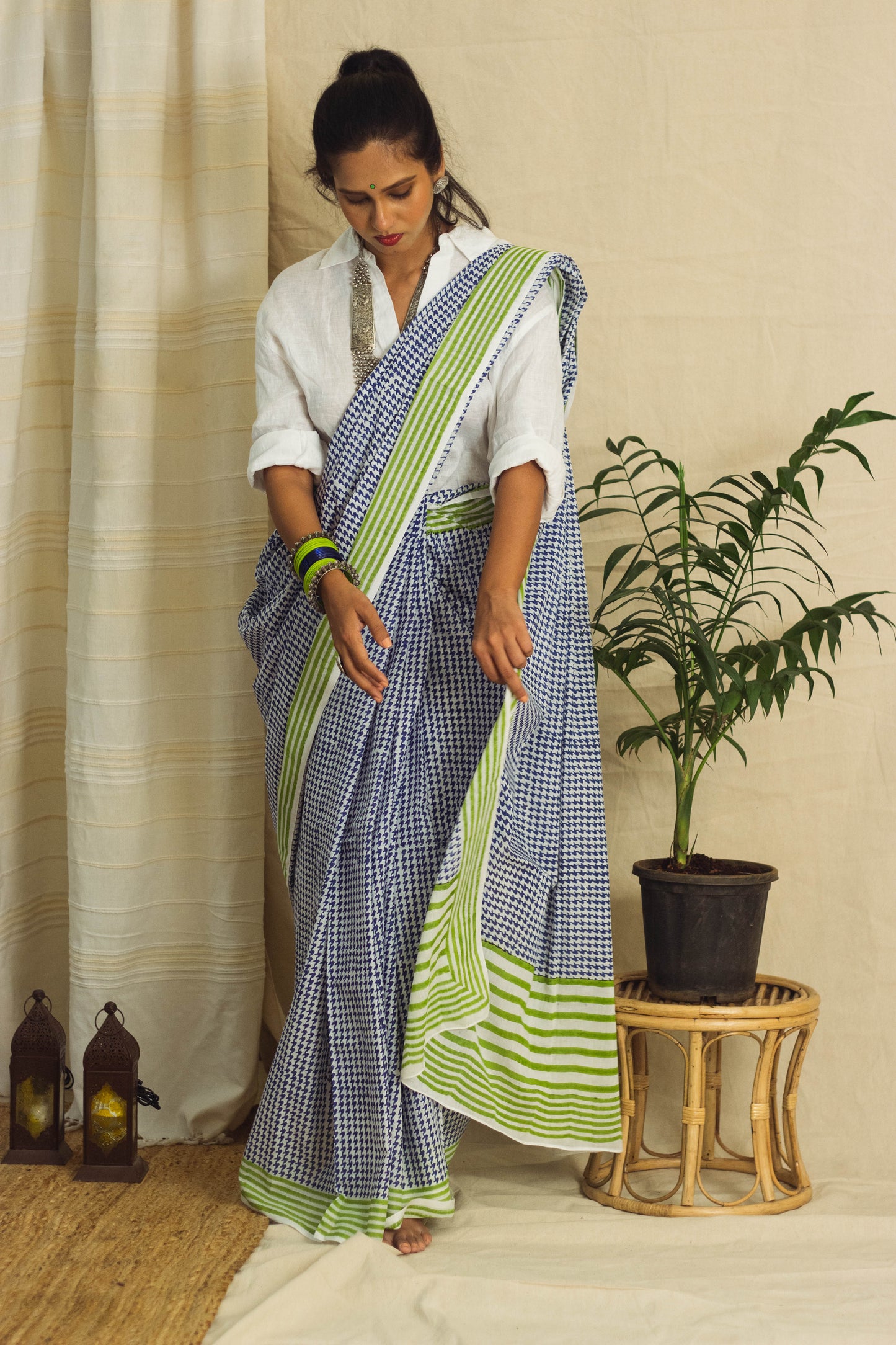 Mul Cotton Block Printed Saree • Houndstooth Royal