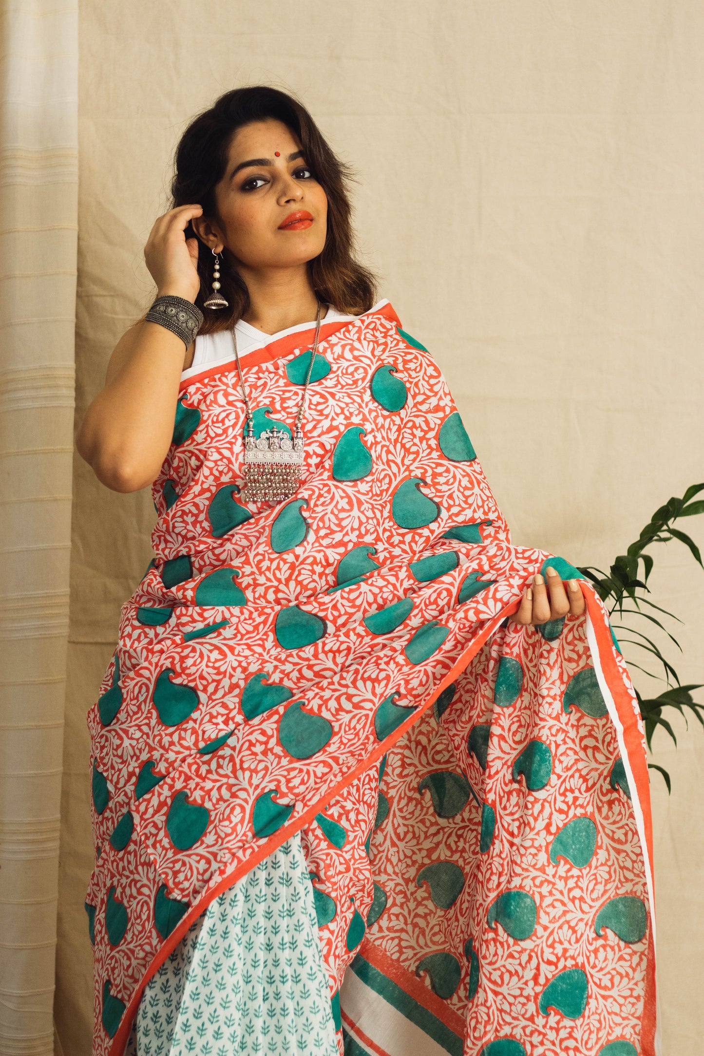 Mul Cotton Block Printed Saree • Coral Jaal