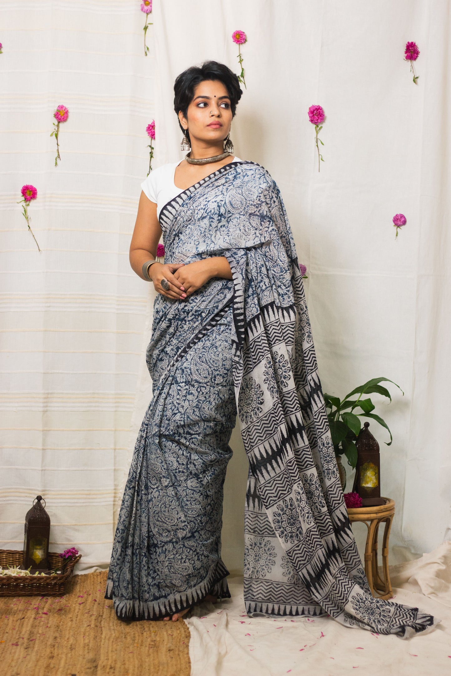 Indigo Hues Cotton Mul Kalamkari