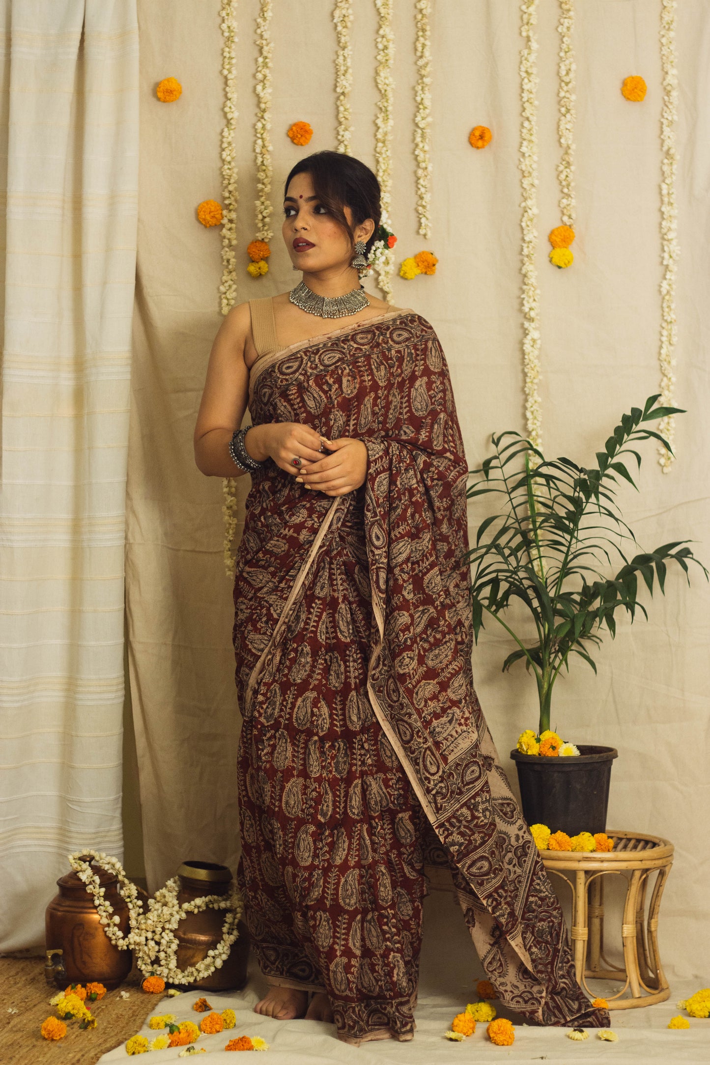 Mul Cotton Block Printed Saree • Kalamkari Maroon Paisley