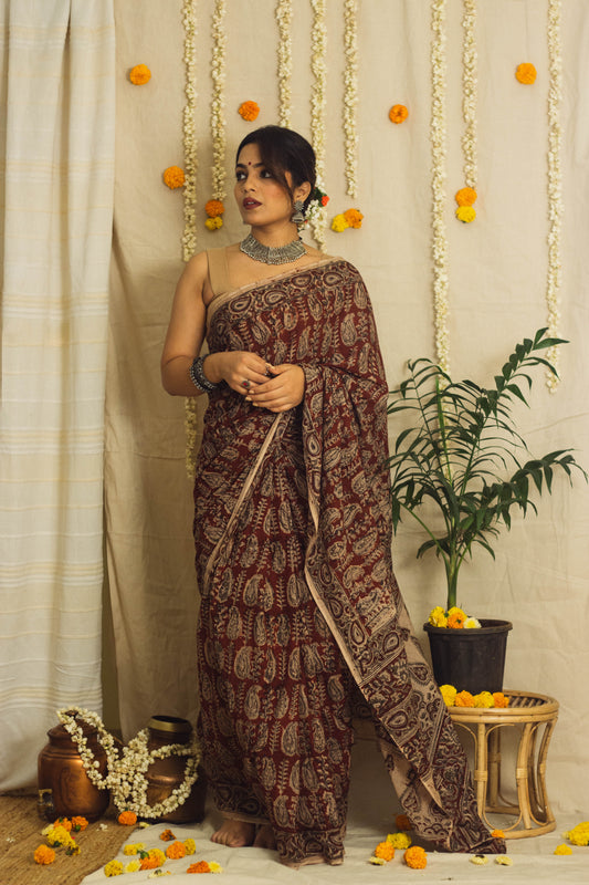 Mul Cotton Block Printed Saree • Kalamkari Maroon Paisley