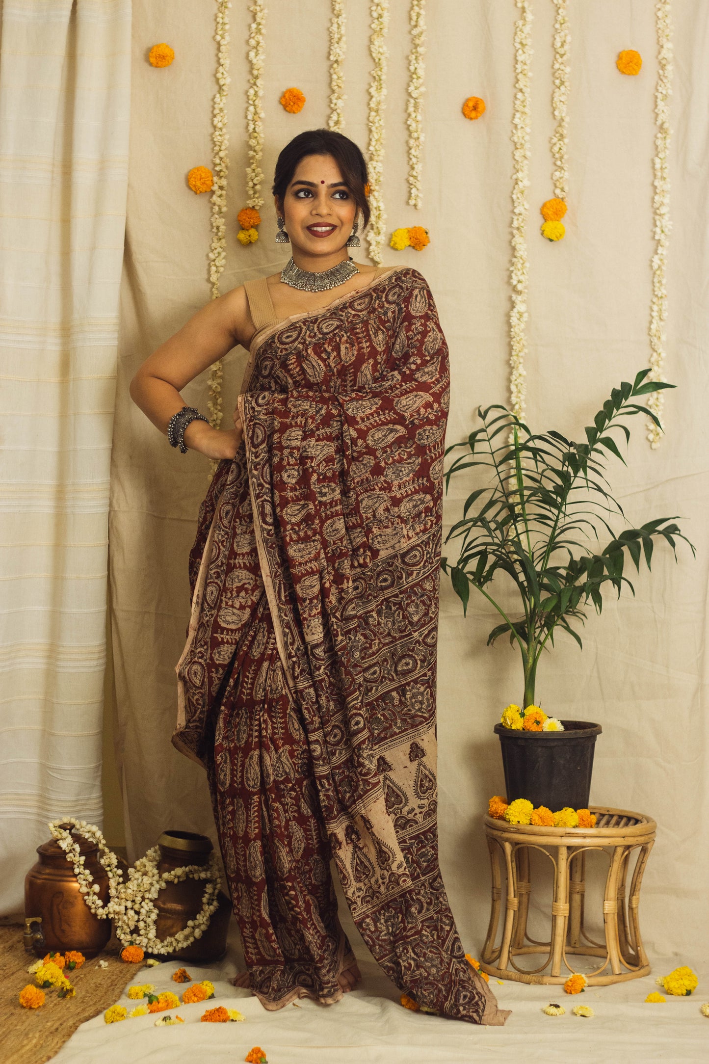 Mul Cotton Block Printed Saree • Kalamkari Maroon Paisley