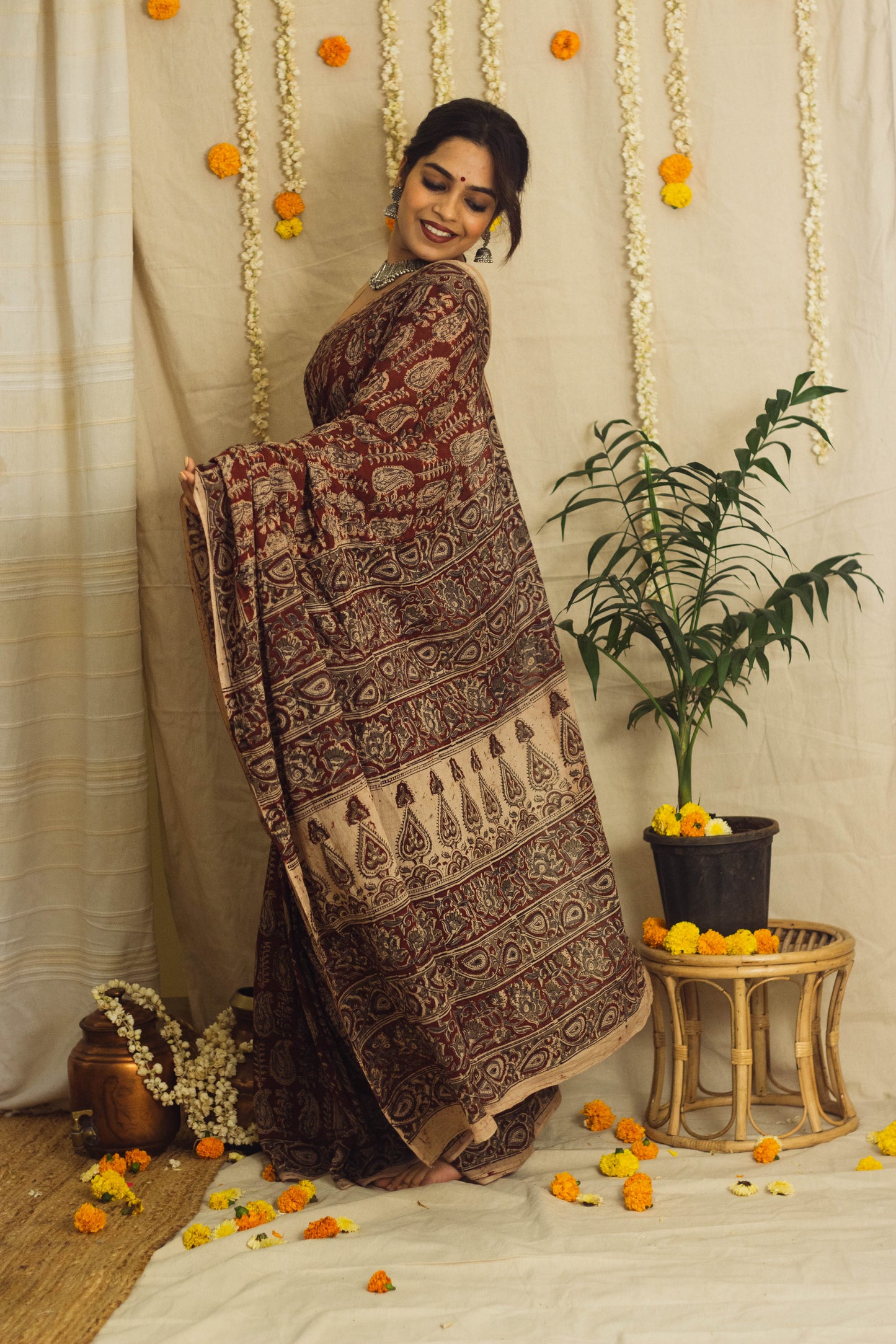 Mul Cotton Block Printed Saree • Kalamkari Maroon Paisley