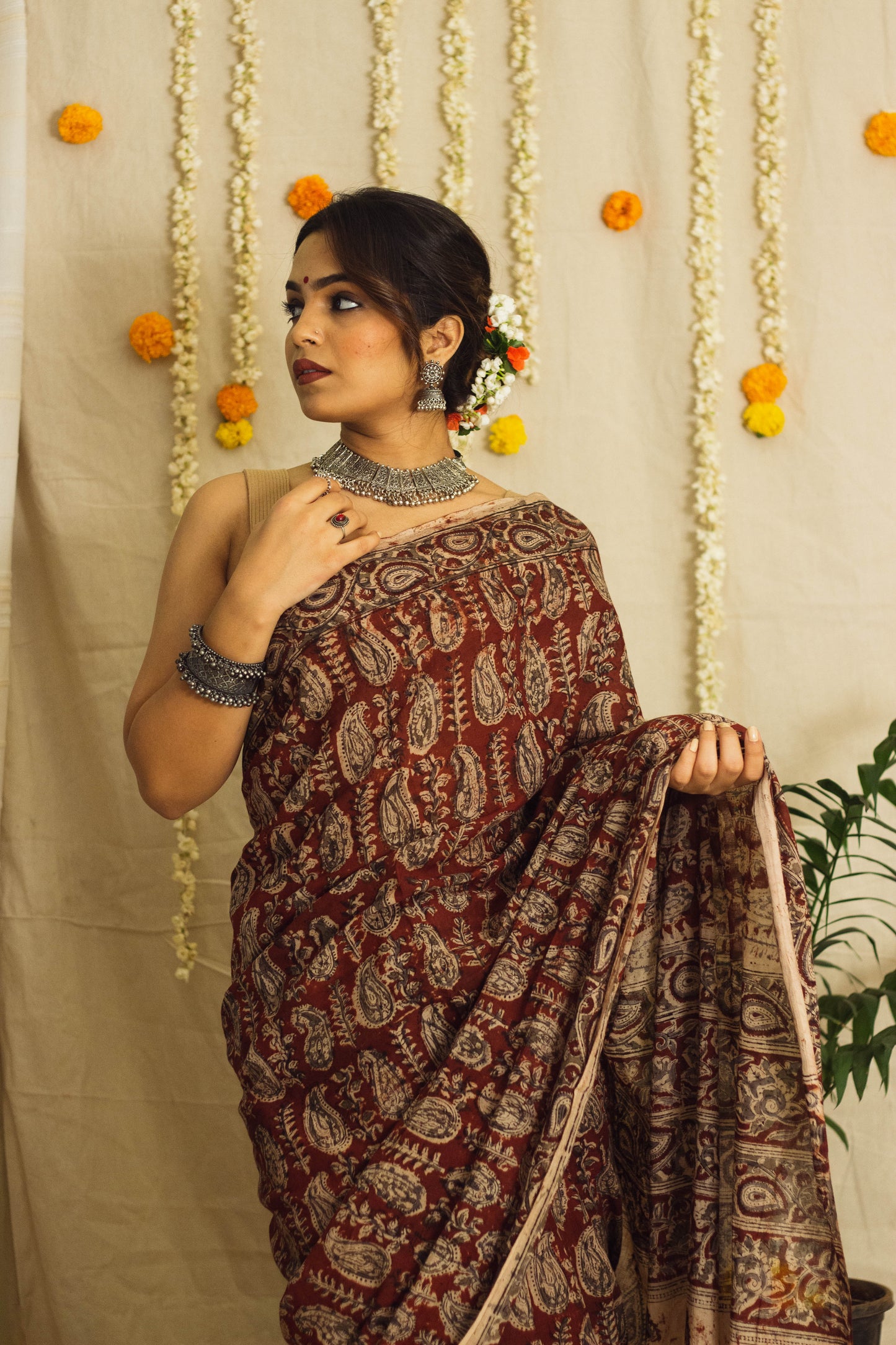 Mul Cotton Block Printed Saree • Kalamkari Maroon Paisley