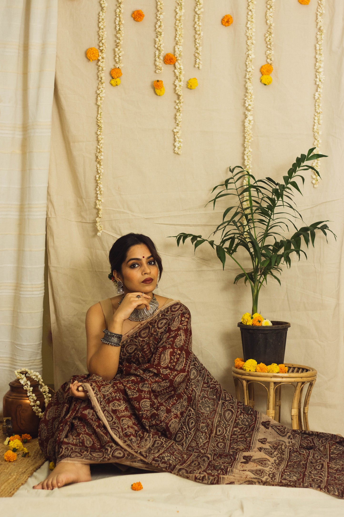 Mul Cotton Block Printed Saree • Kalamkari Maroon Paisley