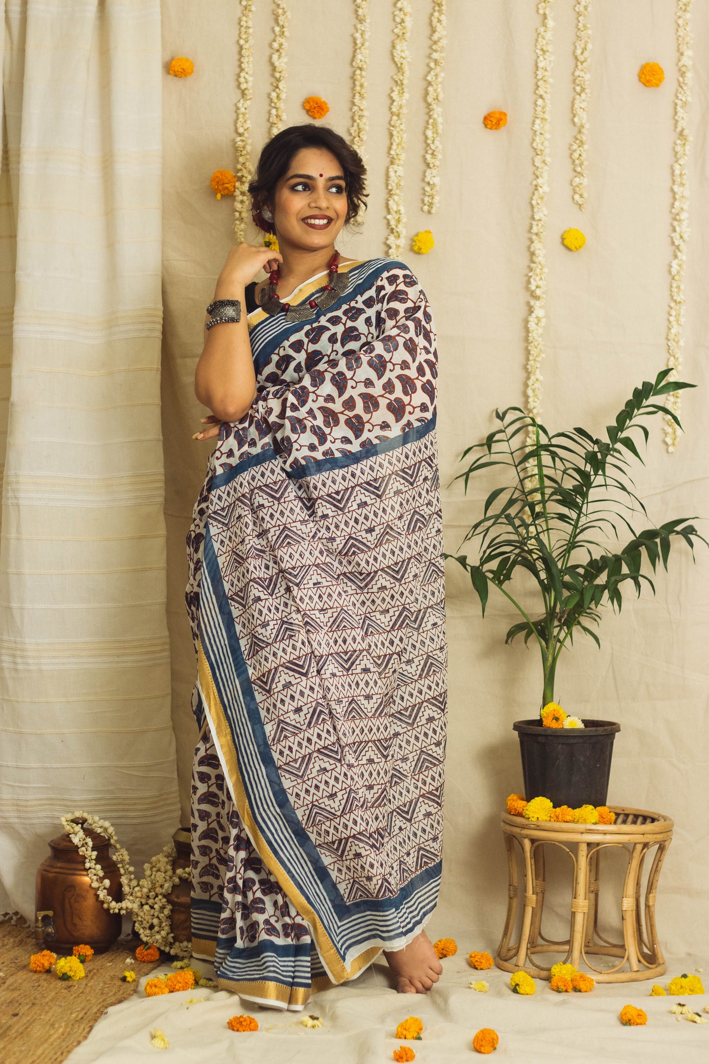 Mul Cotton Block Printed Saree • Colours of Ajrakh