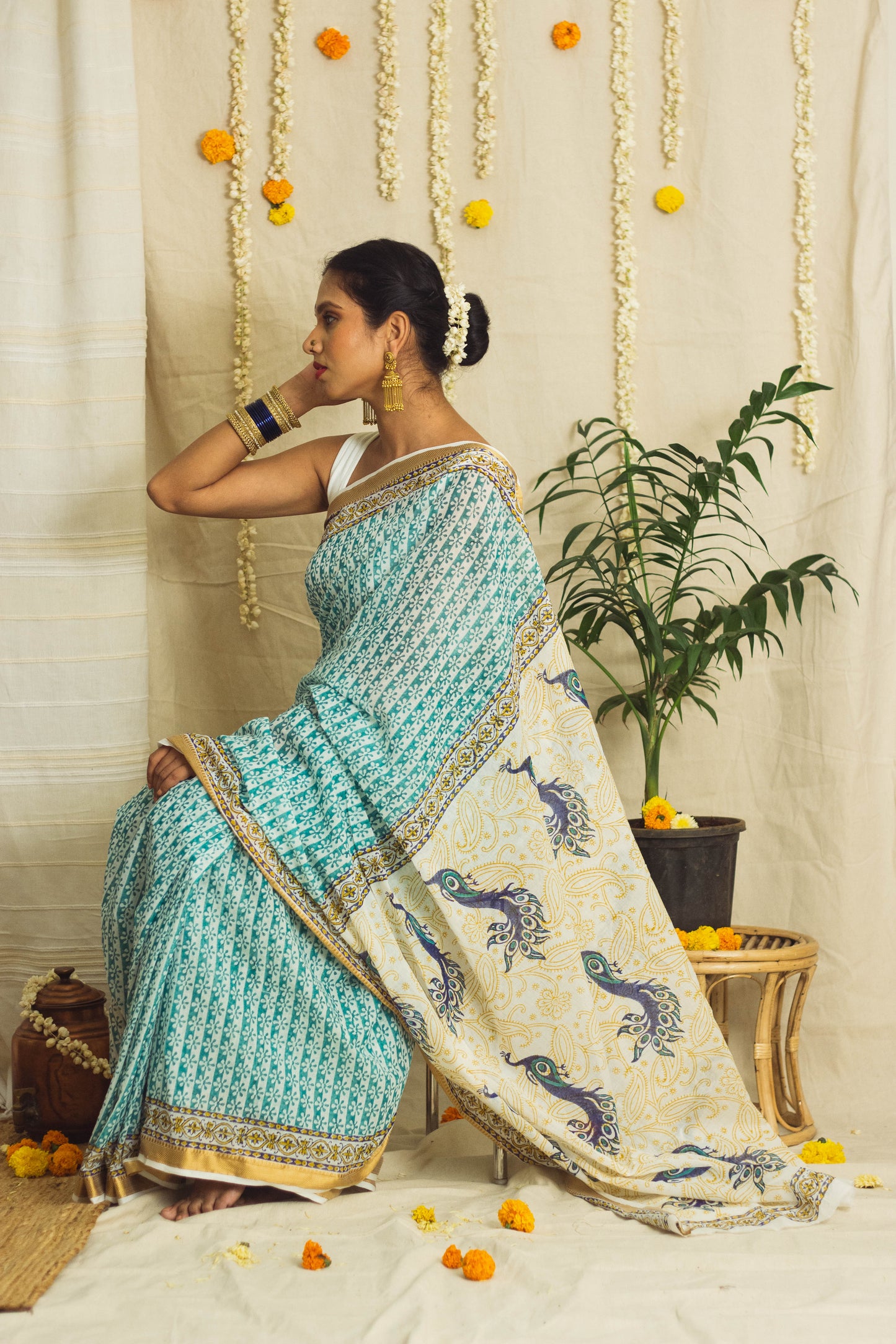 Mul Cotton Block Printed Saree • Proud Peacock