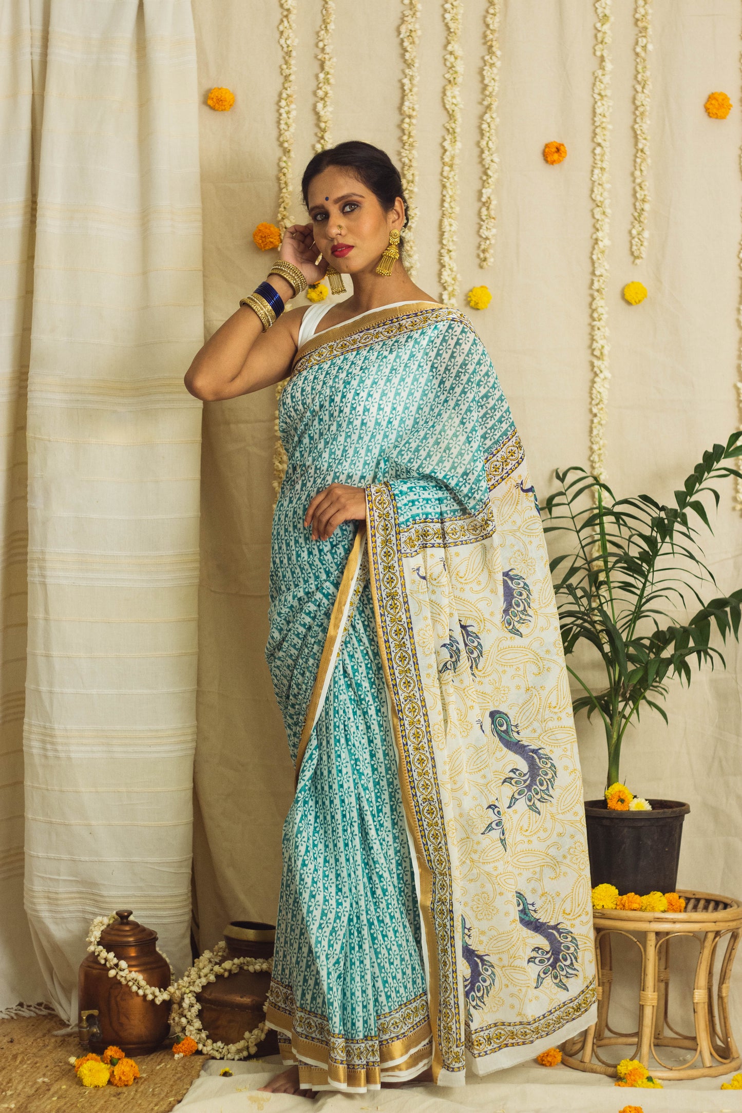 Mul Cotton Block Printed Saree • Proud Peacock