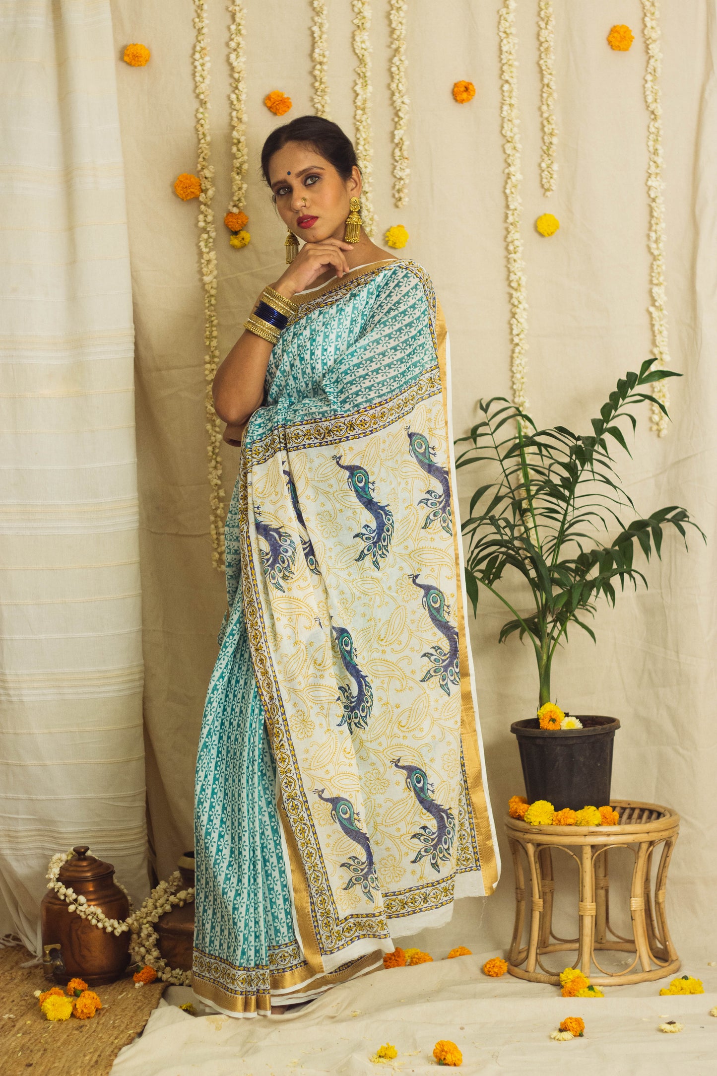 Mul Cotton Block Printed Saree • Proud Peacock