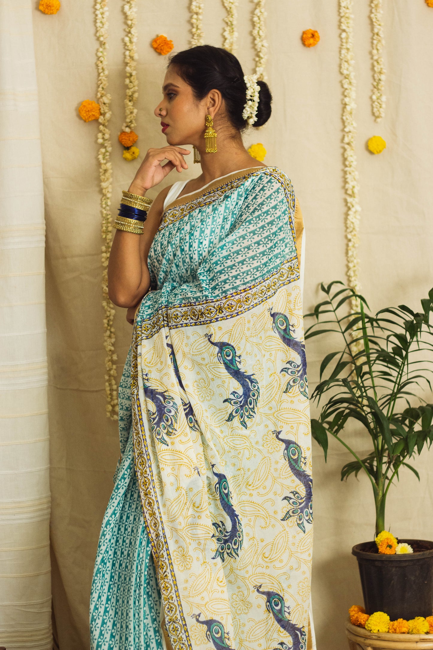 Mul Cotton Block Printed Saree • Proud Peacock