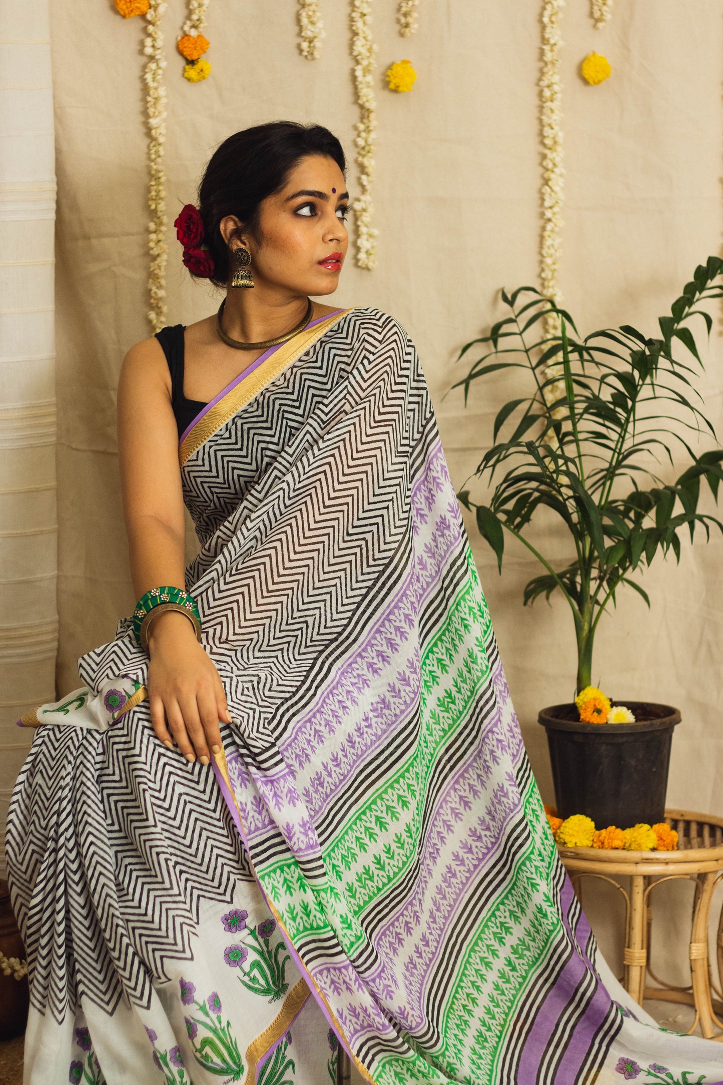 Mul Cotton Block Printed Saree • Chevron Motifs