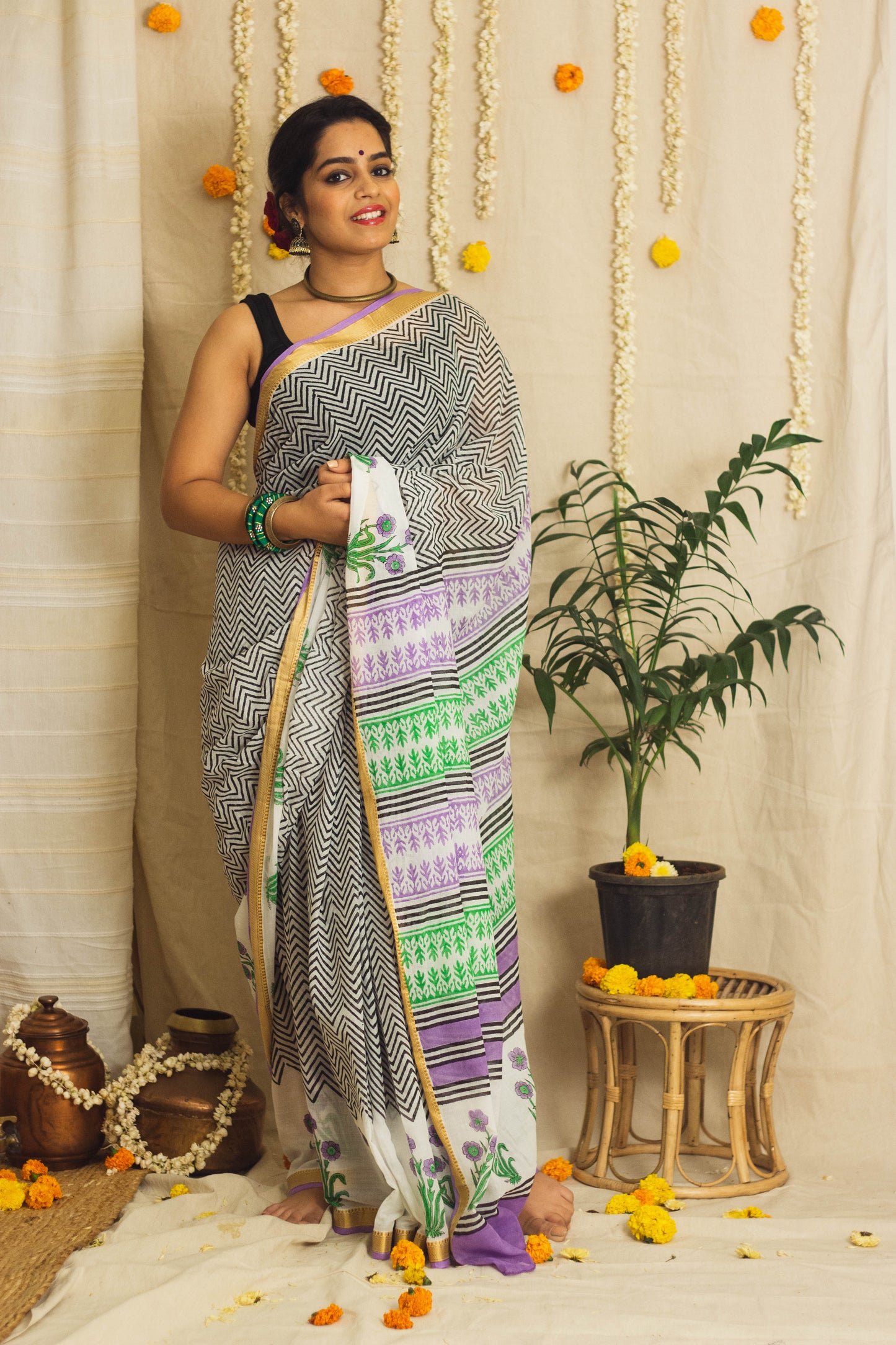 Mul Cotton Block Printed Saree • Chevron Motifs