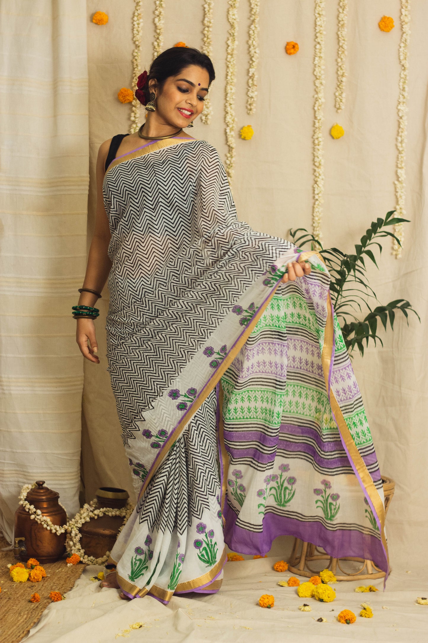 Mul Cotton Block Printed Saree • Chevron Motifs