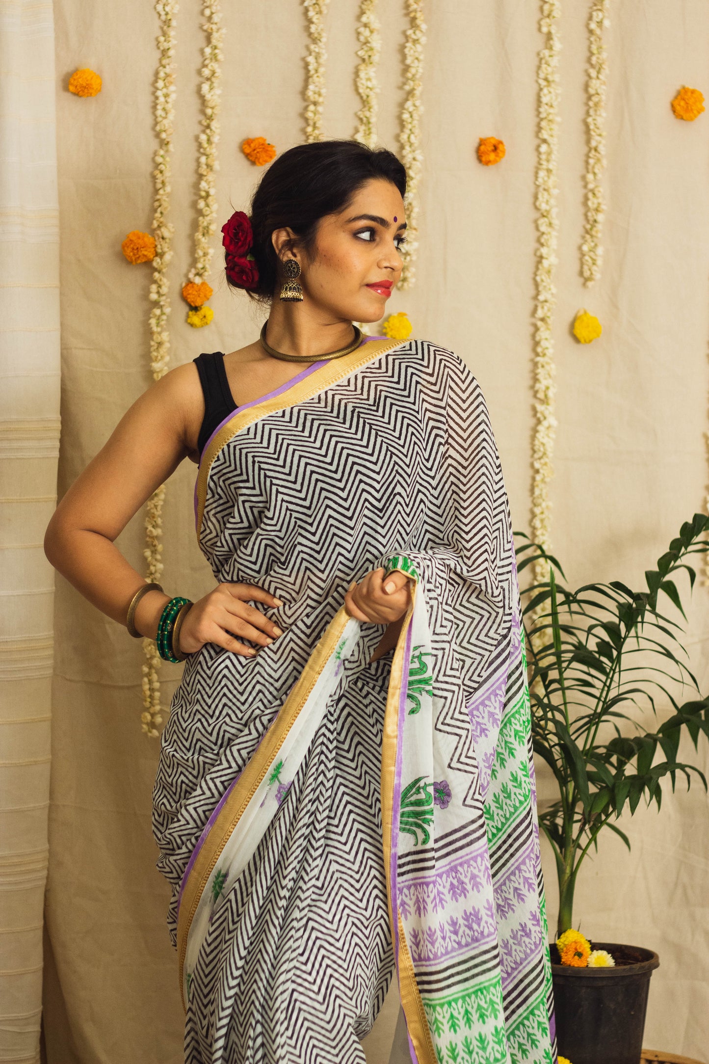 Mul Cotton Block Printed Saree • Chevron Motifs