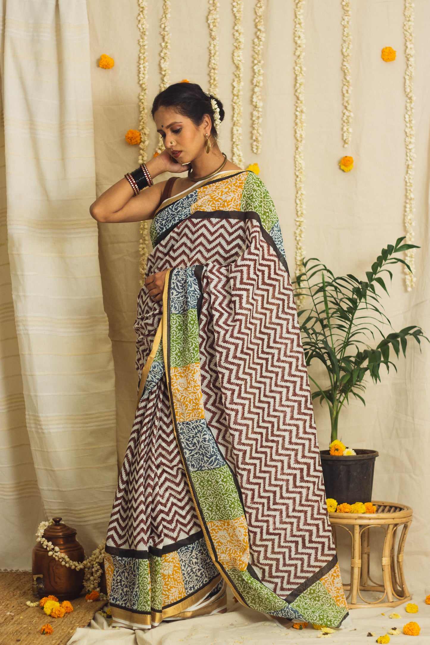 Mul Cotton Block Printed Saree • Patchwork borders