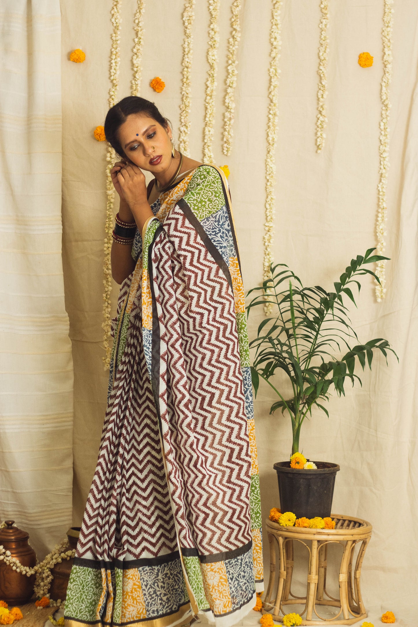 Mul Cotton Block Printed Saree • Patchwork borders