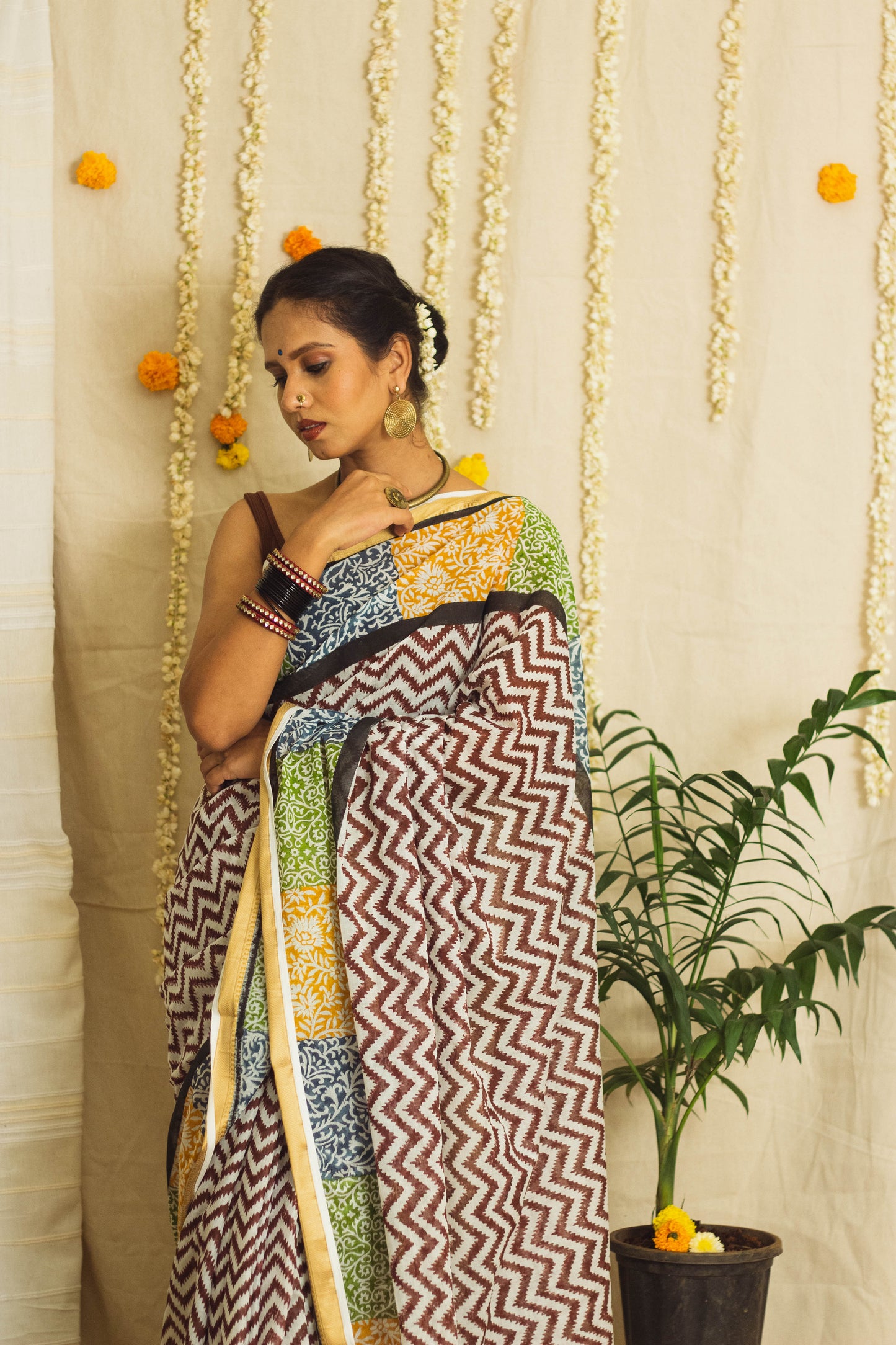 Mul Cotton Block Printed Saree • Patchwork borders