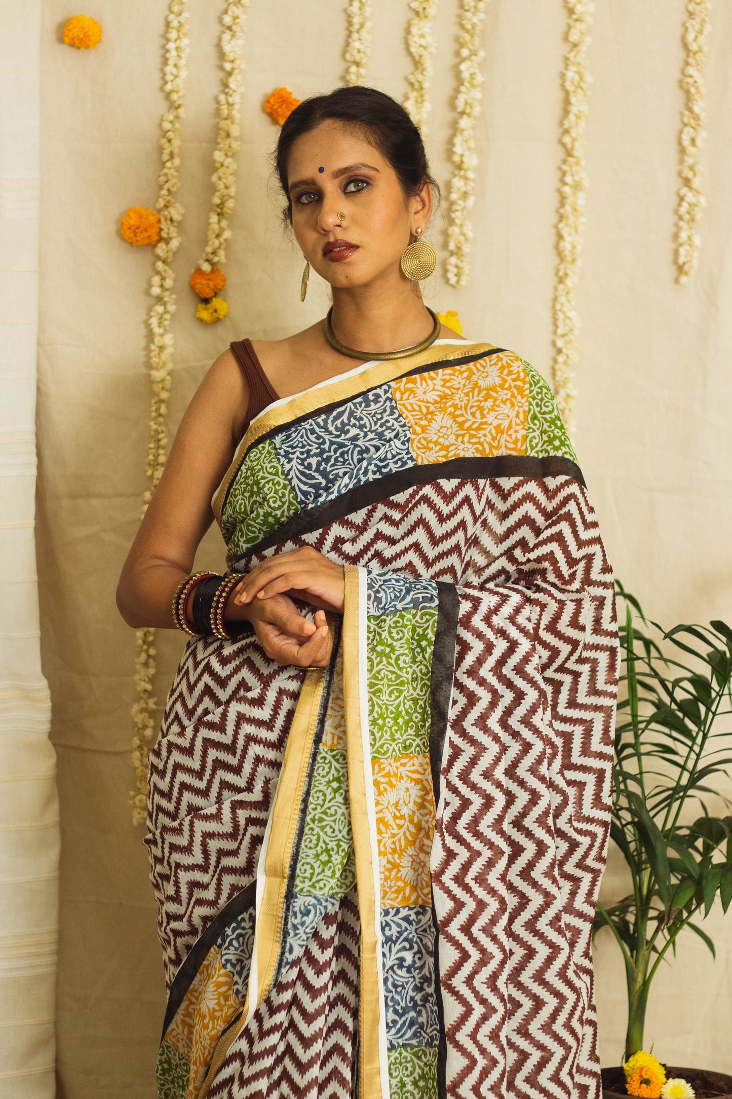 Mul Cotton Block Printed Saree • Patchwork borders