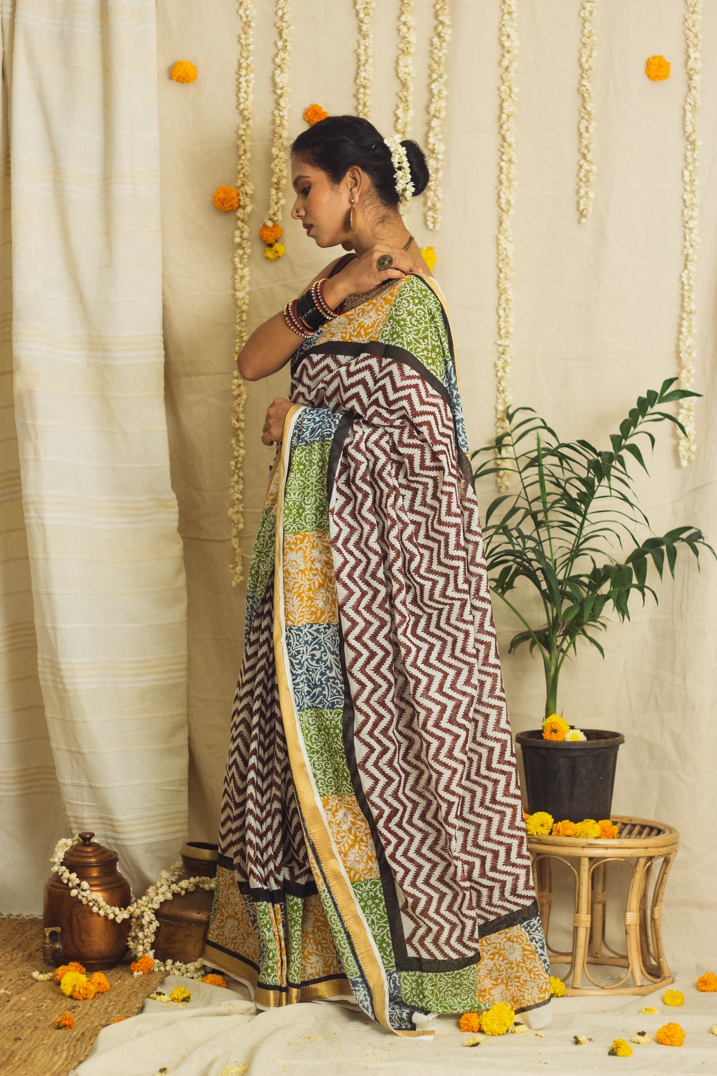 Mul Cotton Block Printed Saree • Patchwork borders