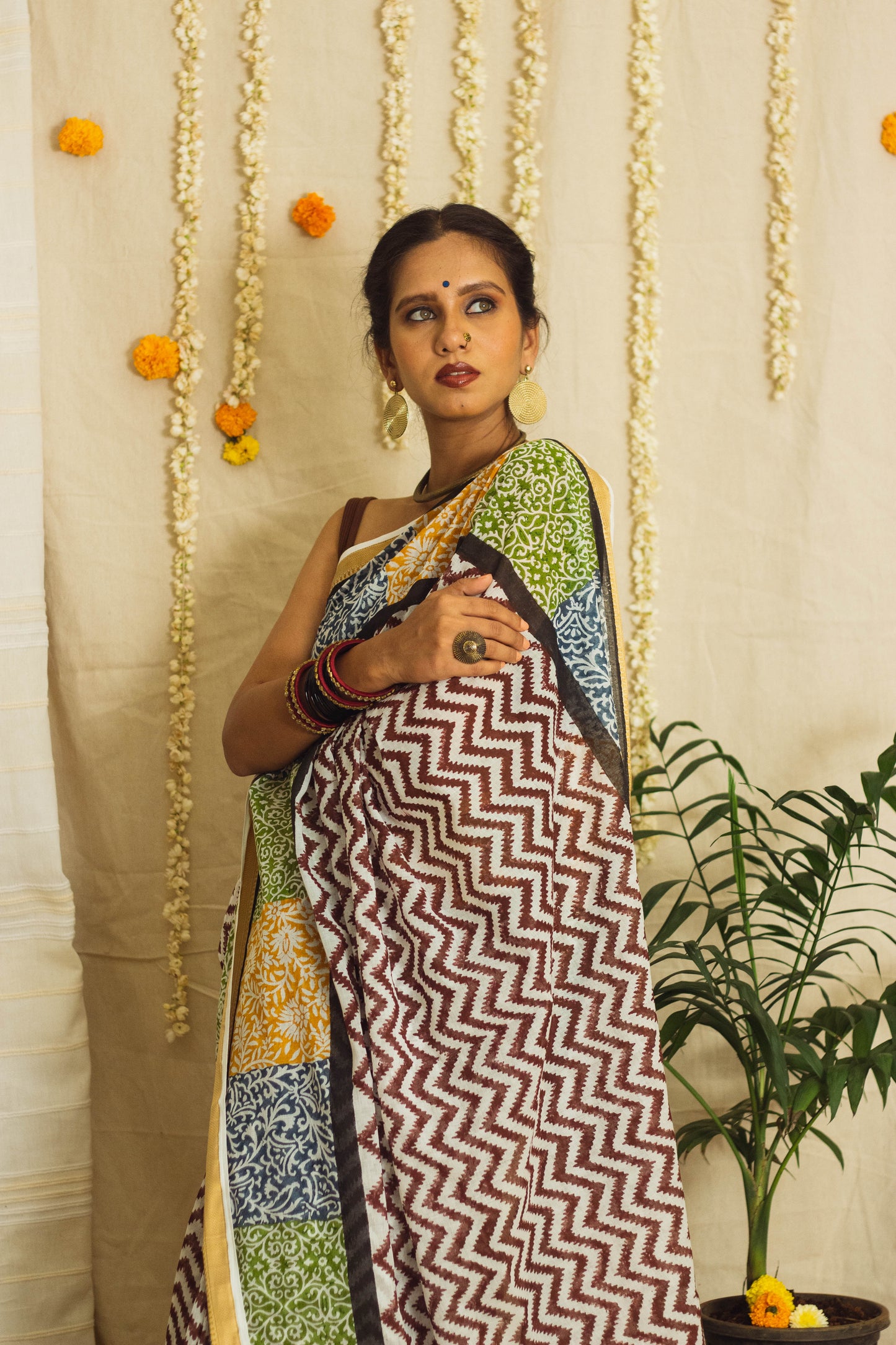 Mul Cotton Block Printed Saree • Patchwork borders