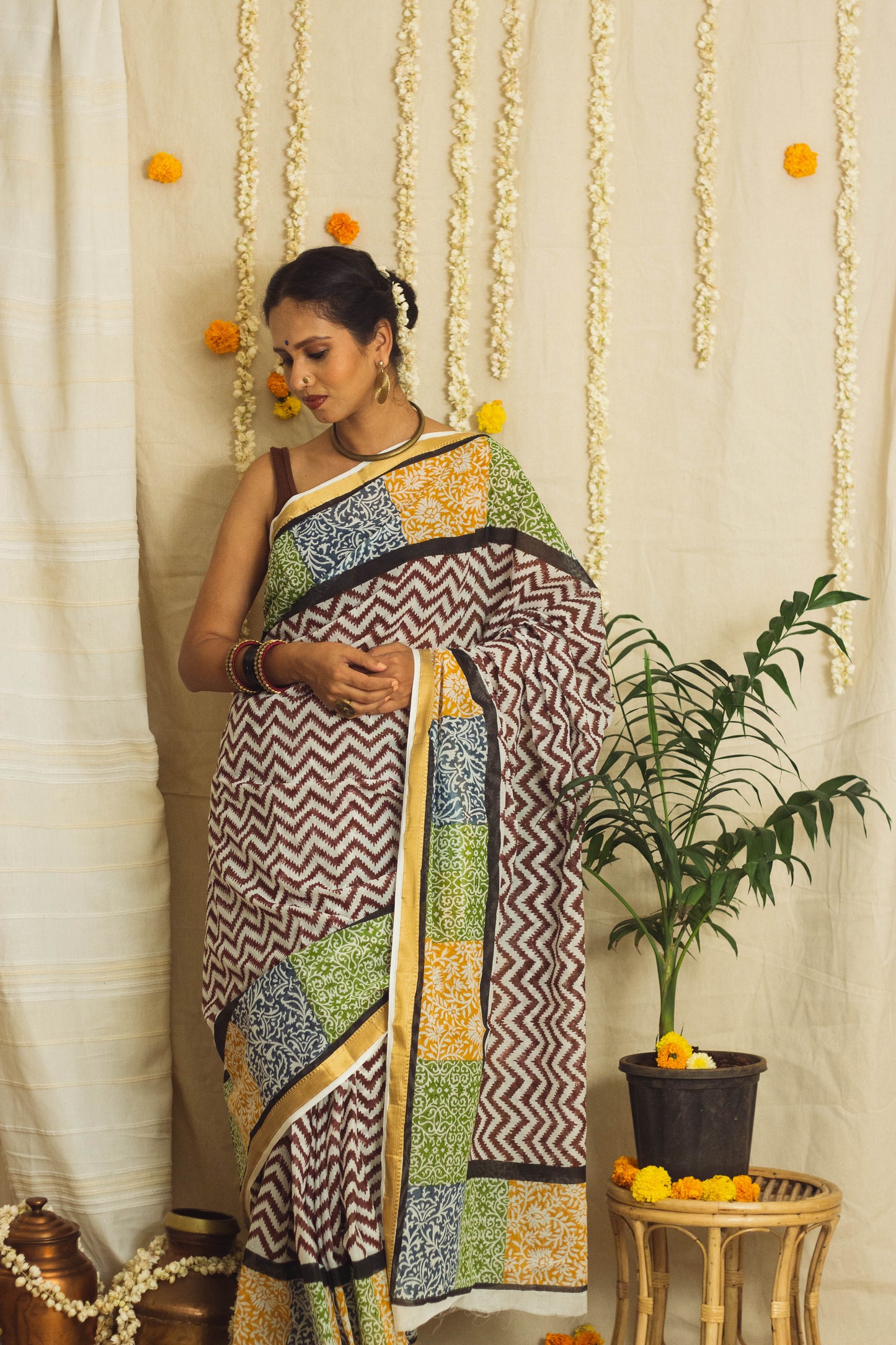 Mul Cotton Block Printed Saree • Patchwork borders