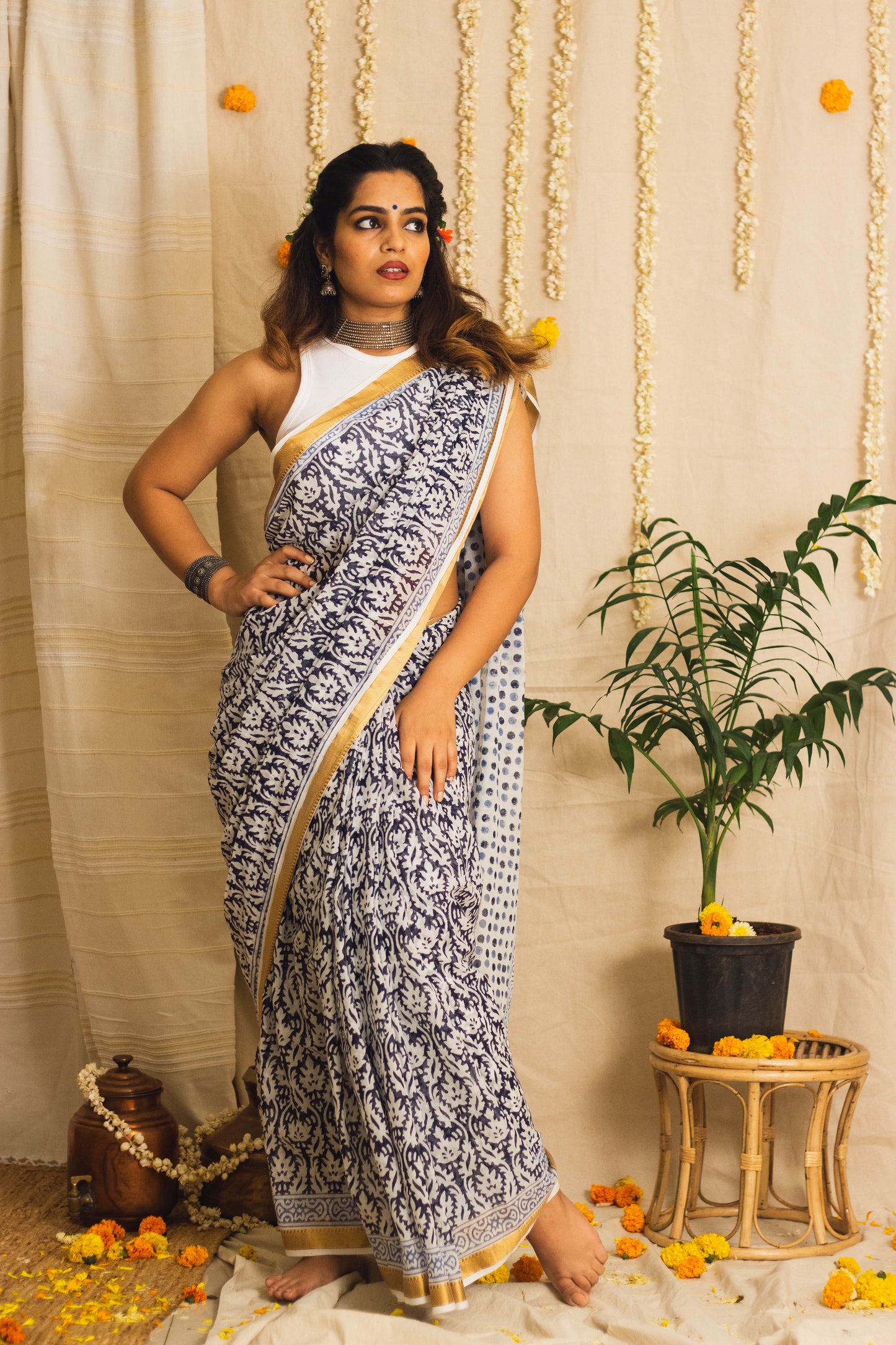 Mul Cotton Block Printed Saree • Polka Pallu