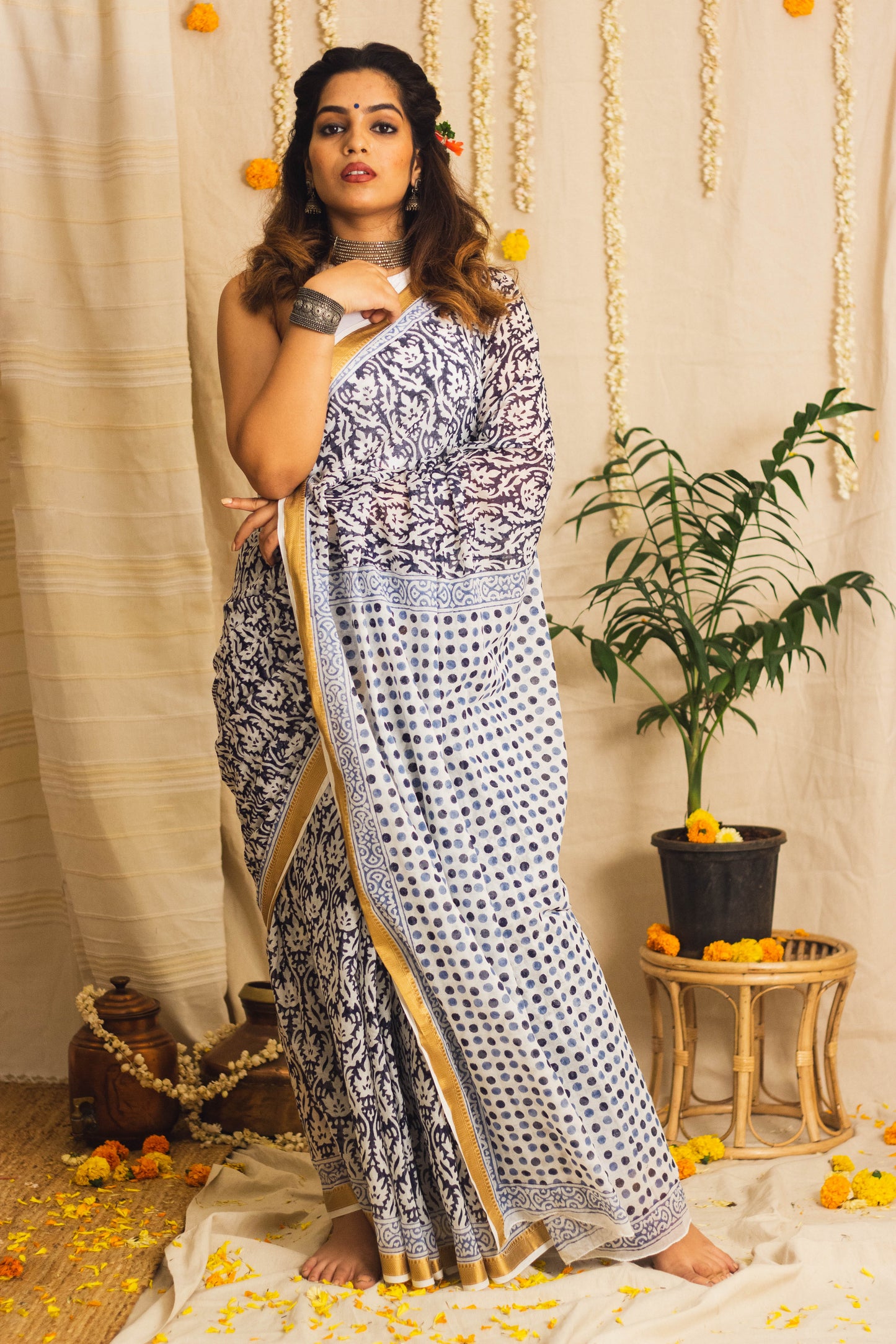 Mul Cotton Block Printed Saree • Polka Pallu