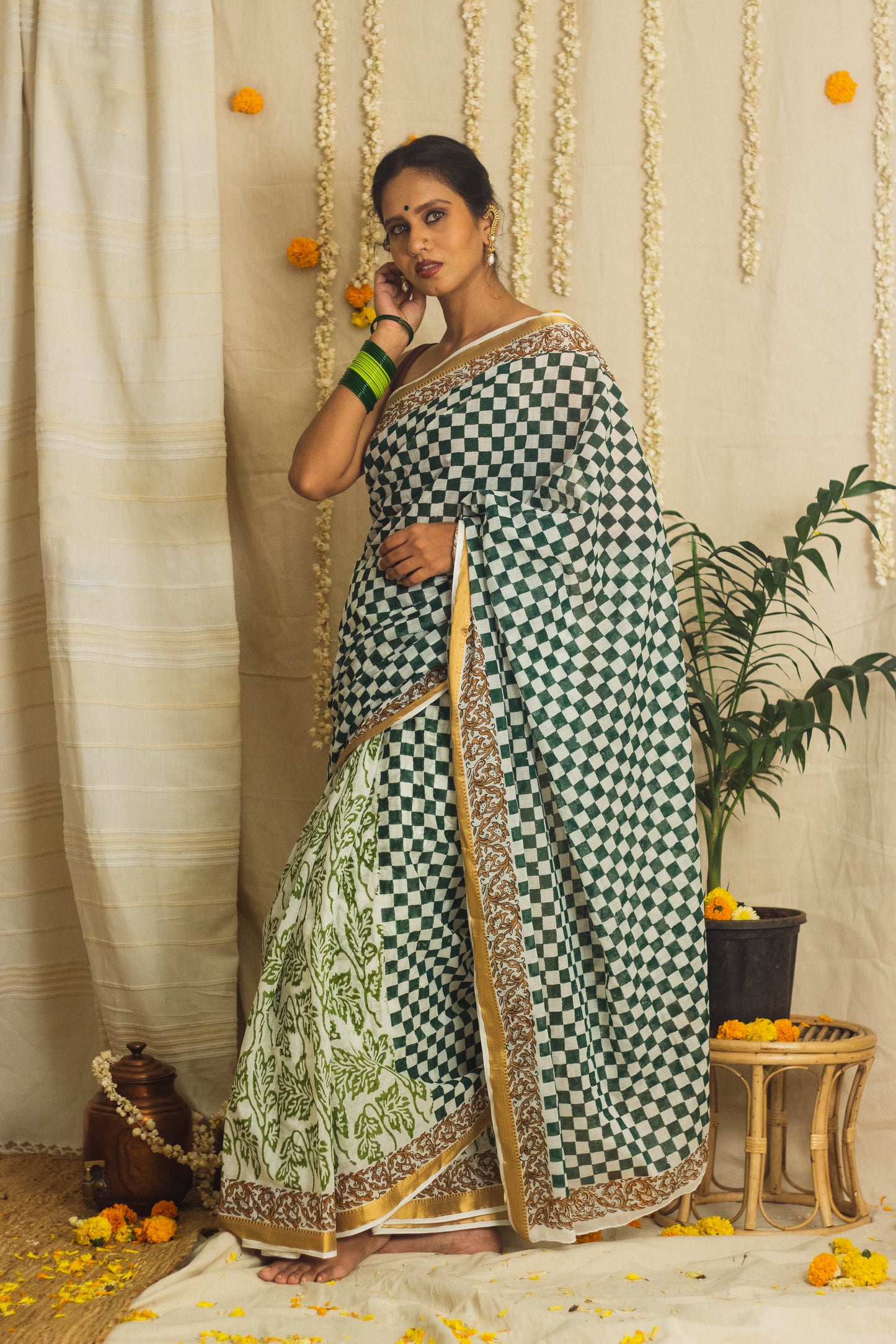 Mul Cotton Block Printed Saree • Chess board