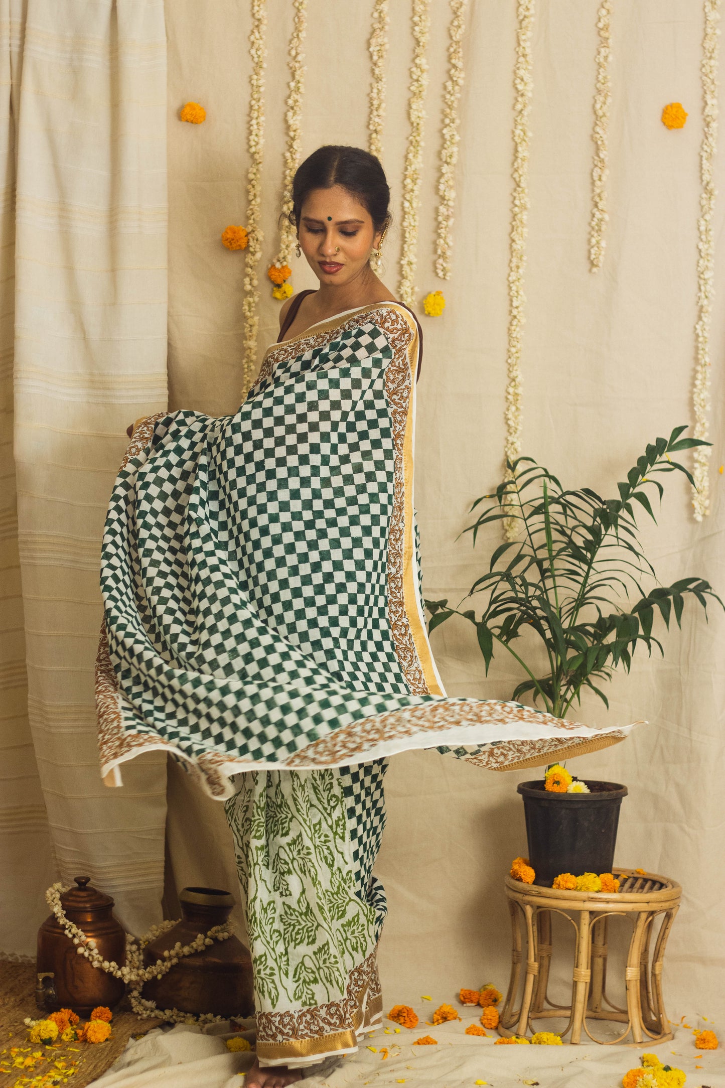 Mul Cotton Block Printed Saree • Chess board