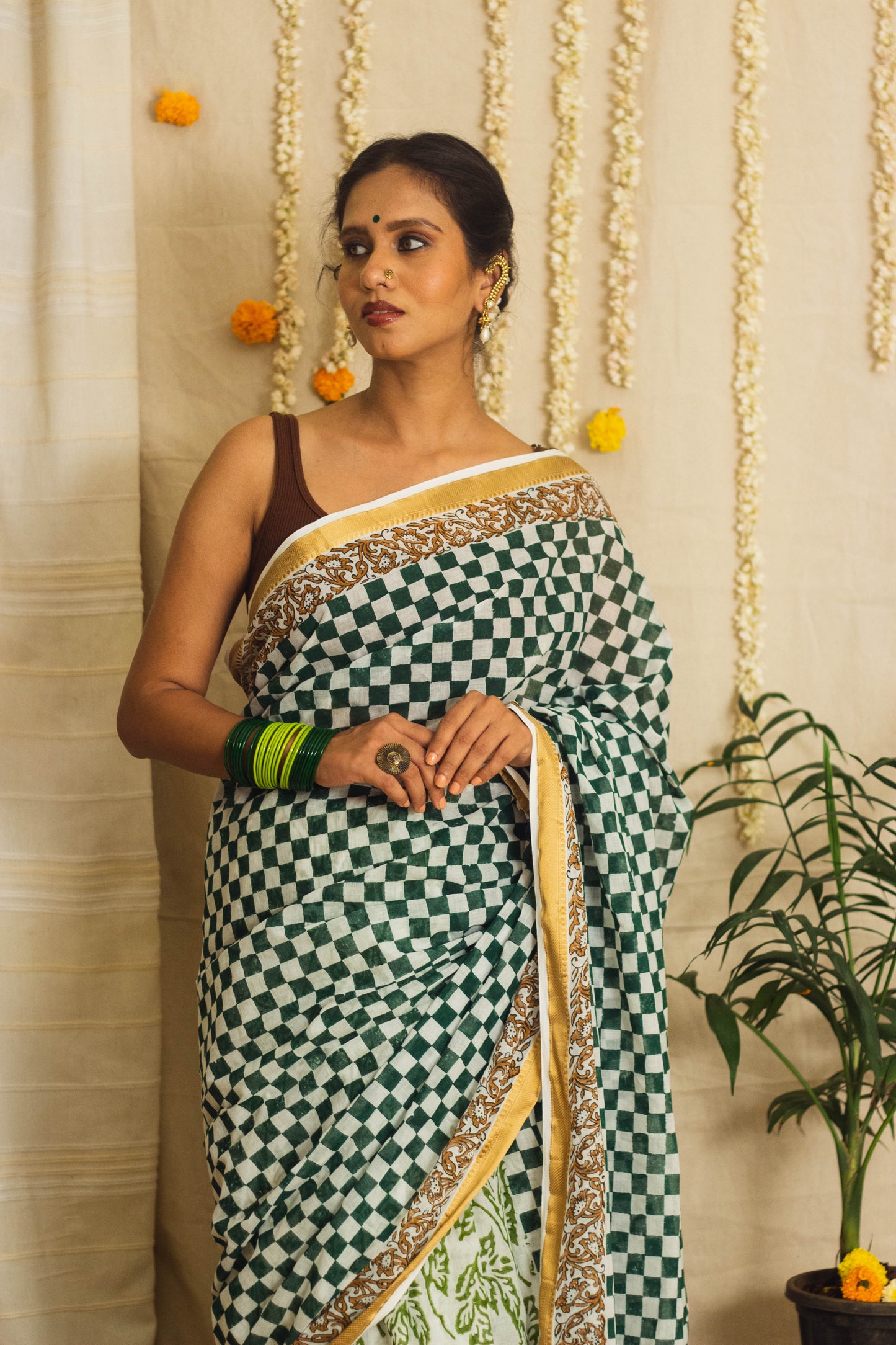 Mul Cotton Block Printed Saree • Chess board