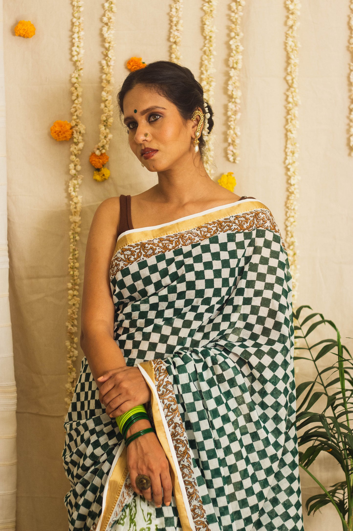 Mul Cotton Block Printed Saree • Chess board