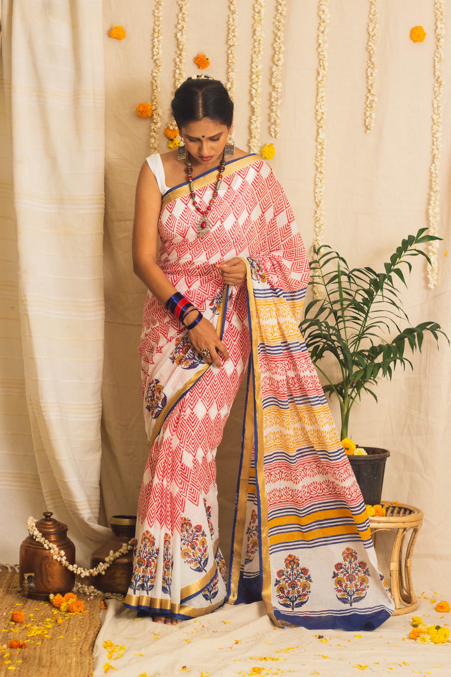 Mul Cotton Block Printed Saree • Barfi Motifs