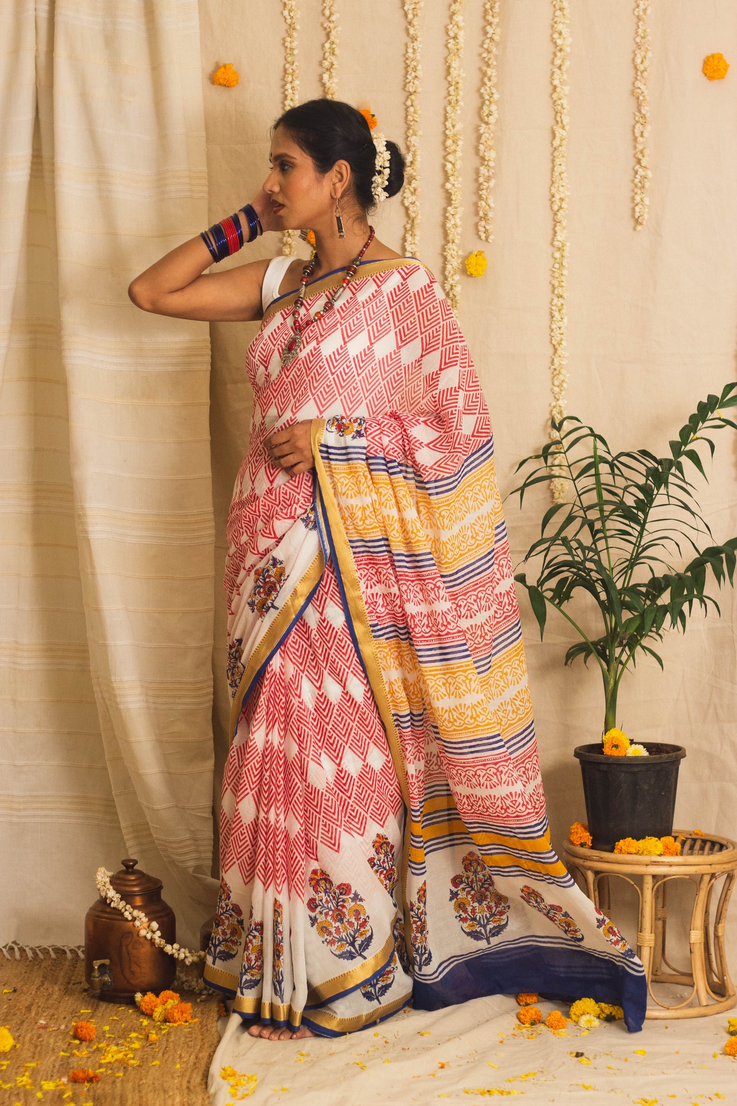 Mul Cotton Block Printed Saree • Barfi Motifs