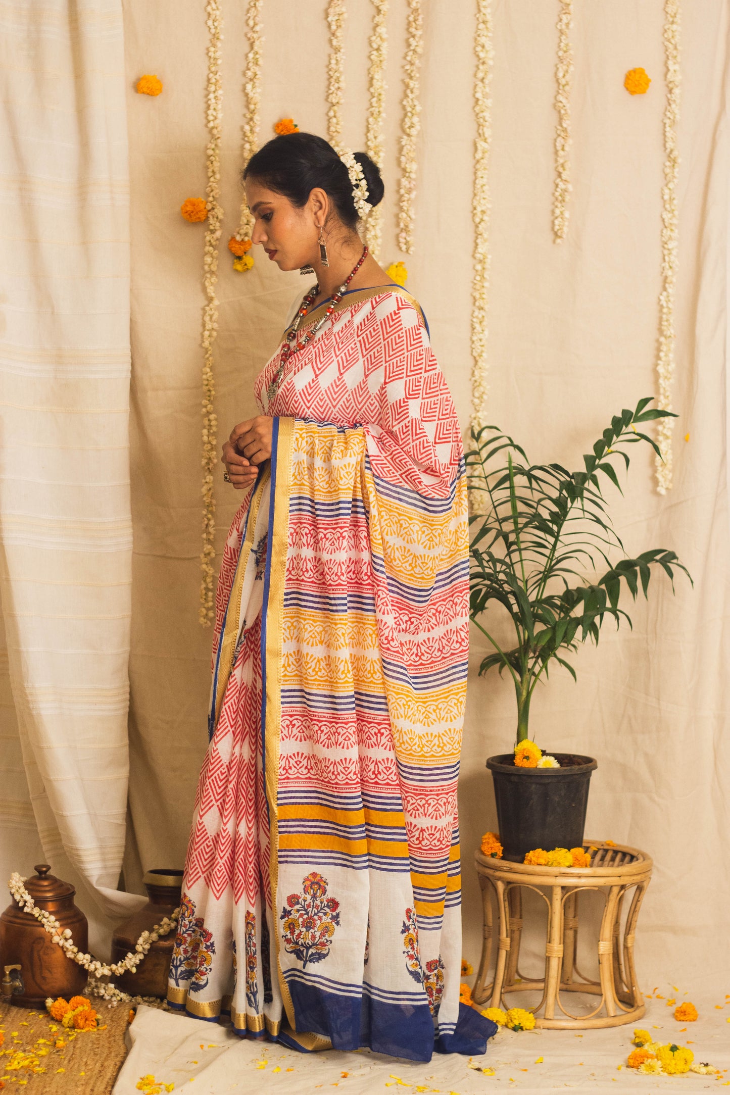 Mul Cotton Block Printed Saree • Barfi Motifs