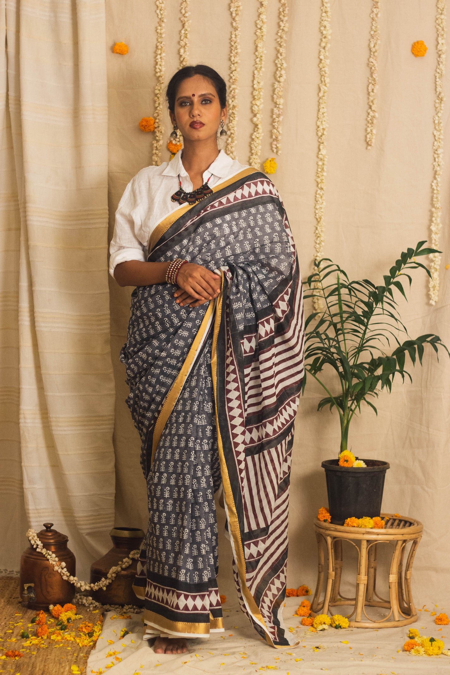 Mul Cotton Block Printed Saree • Dusky n Dark