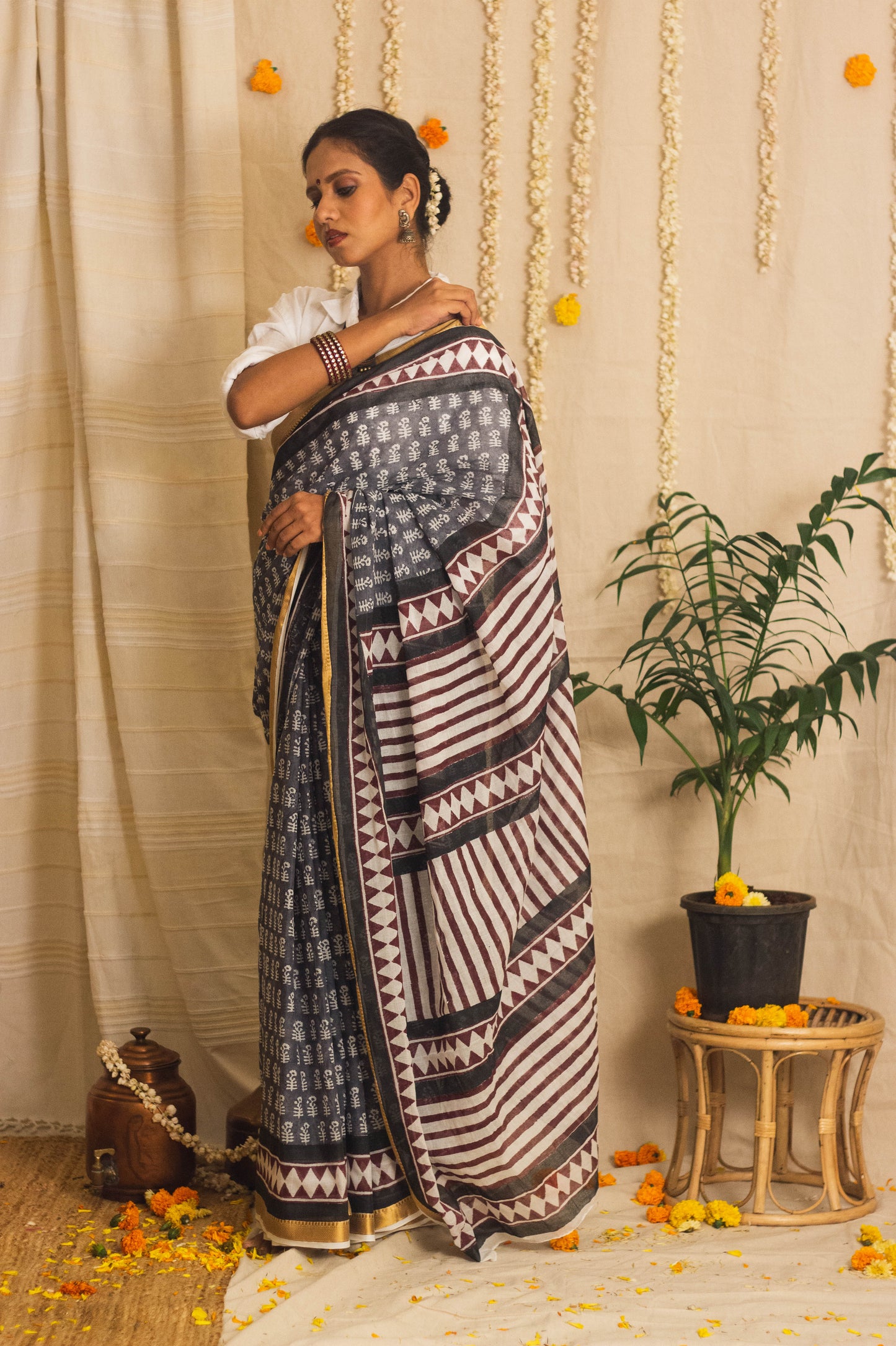 Mul Cotton Block Printed Saree • Dusky n Dark